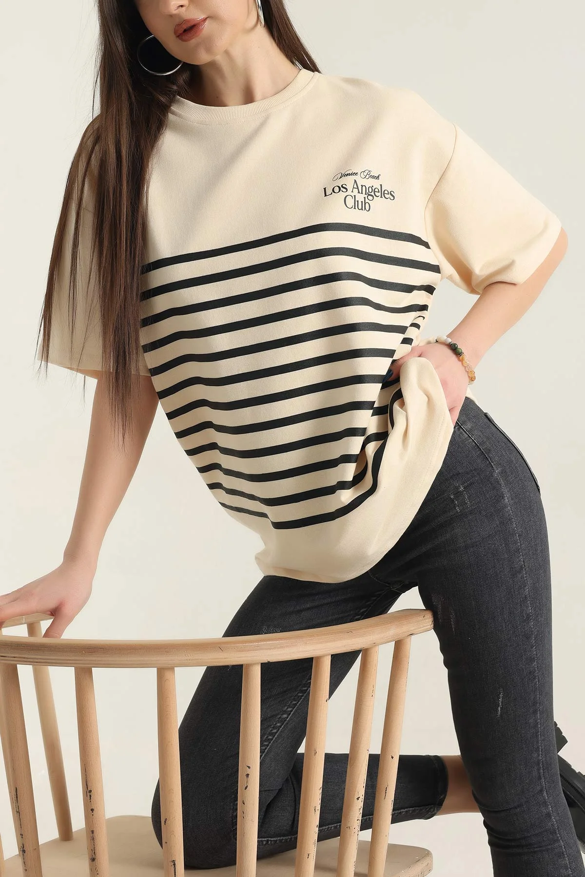 Sarı Baskılı Bisiklet Yaka Oversize Bayan Tişört 337669