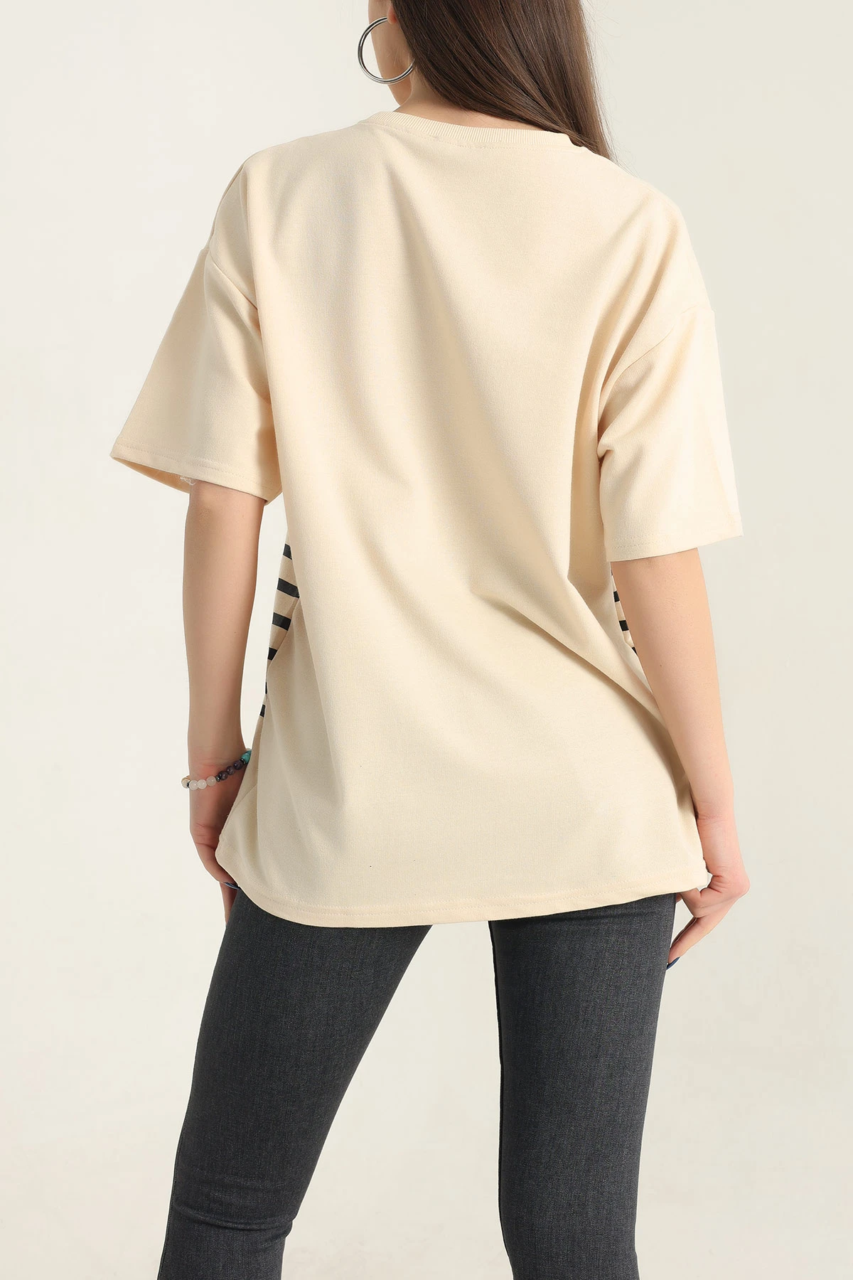 Sarı Baskılı Bisiklet Yaka Oversize Bayan Tişört 337669