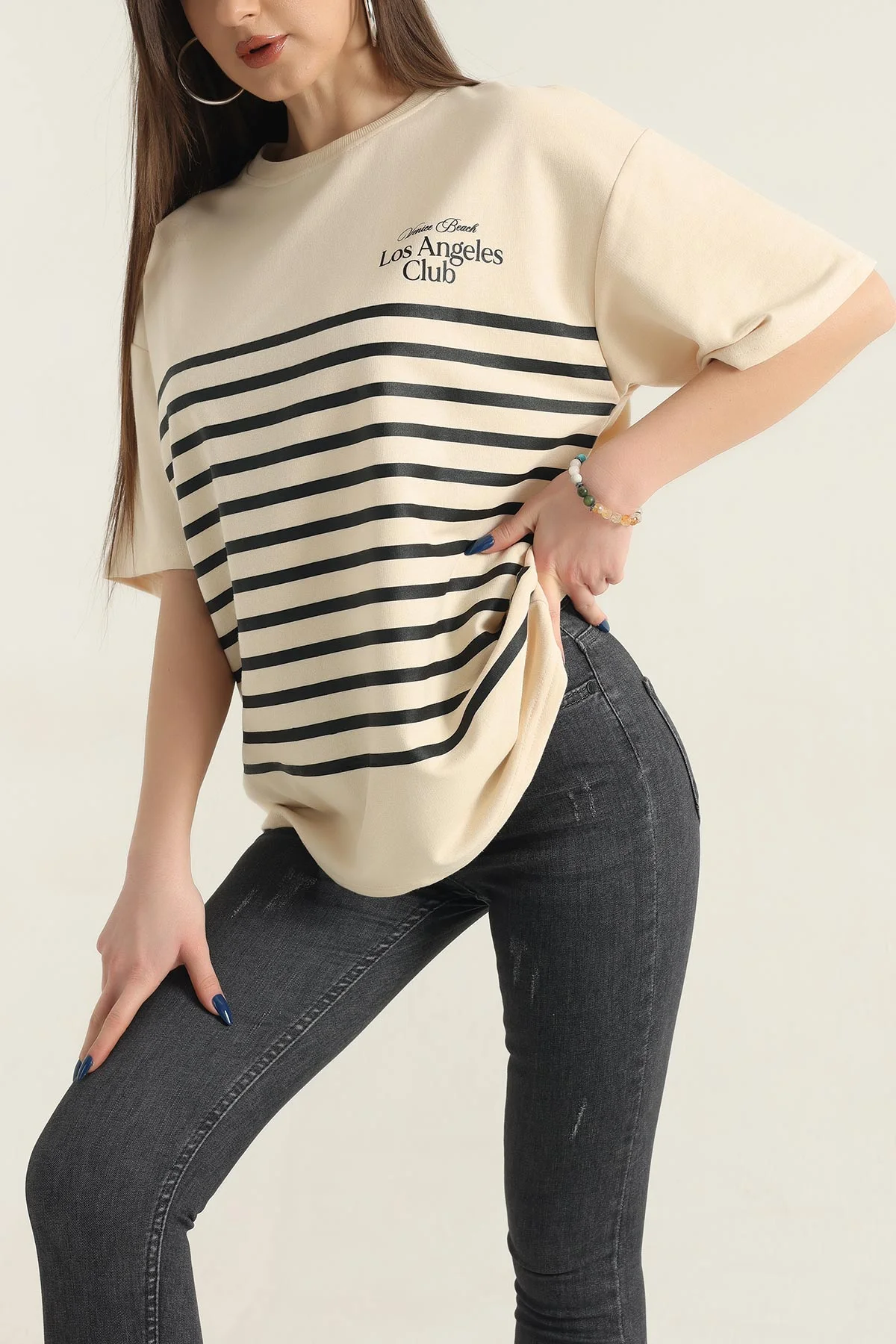 Sarı Baskılı Bisiklet Yaka Oversize Bayan Tişört 337669
