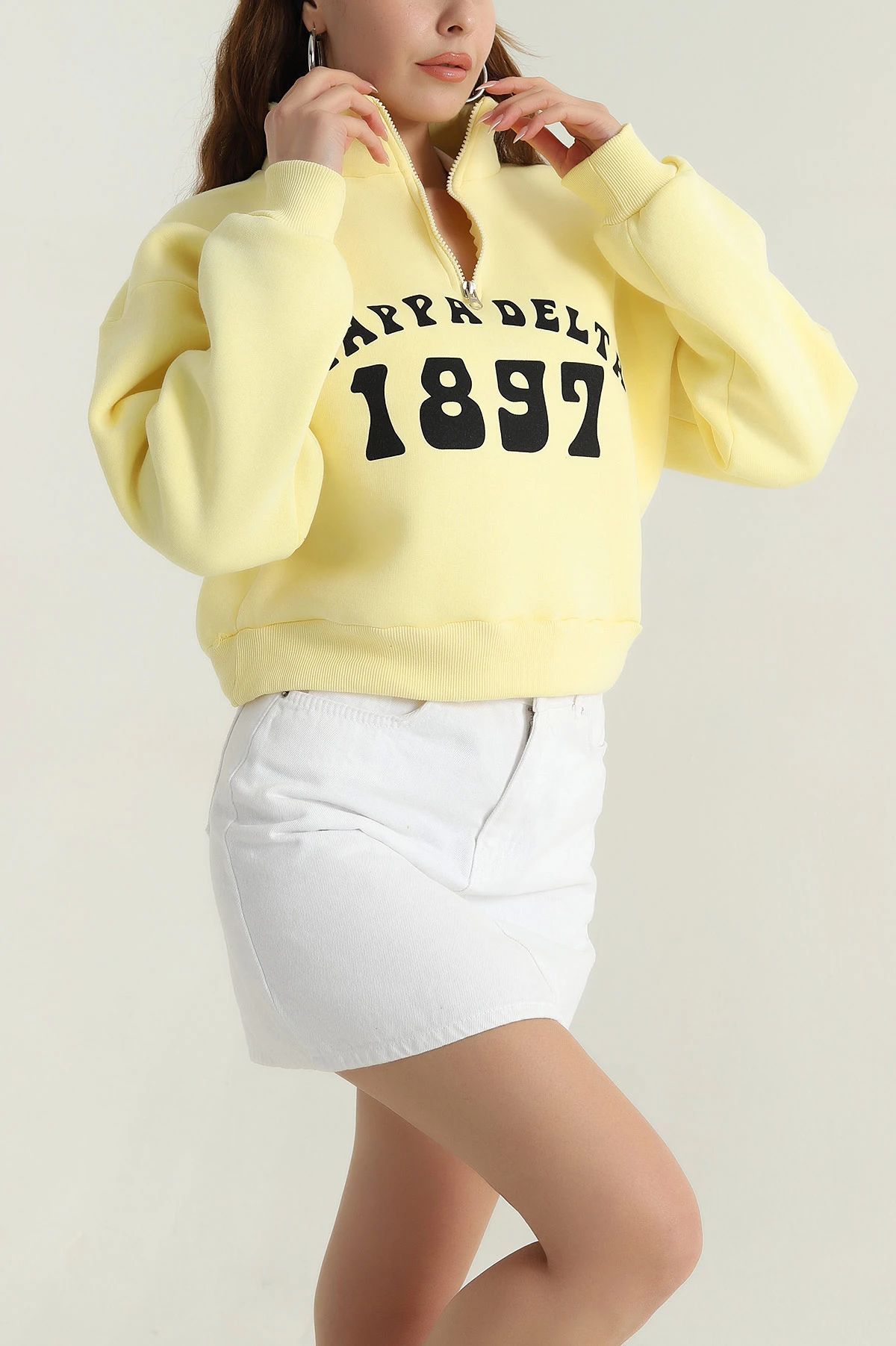 Sarı Baskılı Şardonlu Kadın Fermuarlı Sweat 396481