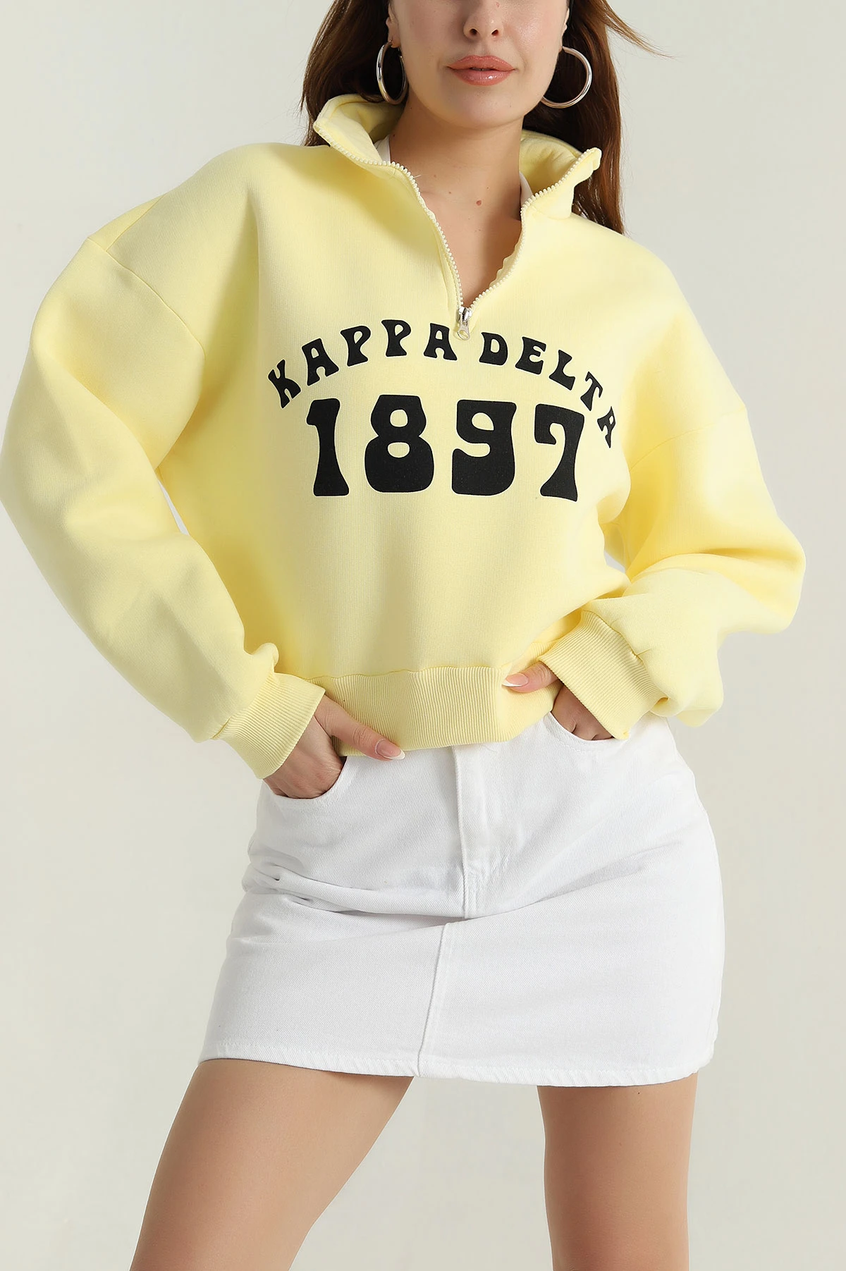 Sarı Baskılı Şardonlu Kadın Fermuarlı Sweat 396481