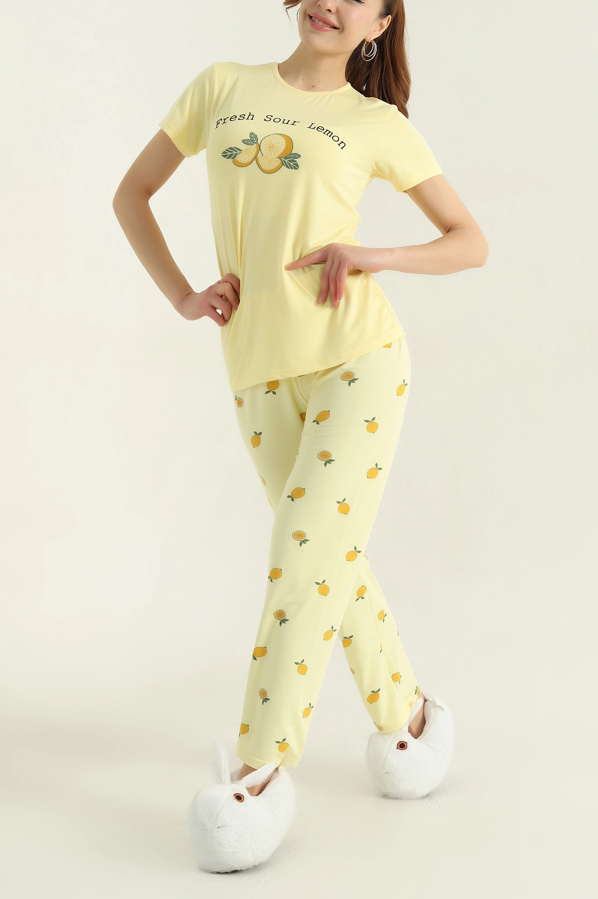 Sarı Baskılı Viskon Kadın Pijama Takımı 347351