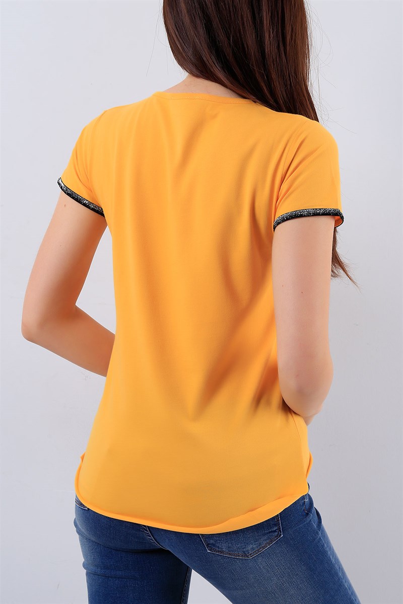 Sarı Bayan Taşlı Tişört 16063B