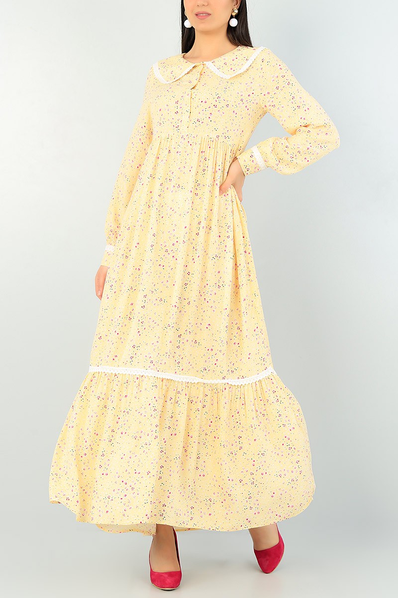 Sarı Bebe Yaka Dantel Detay Dokuma Elbise 66057