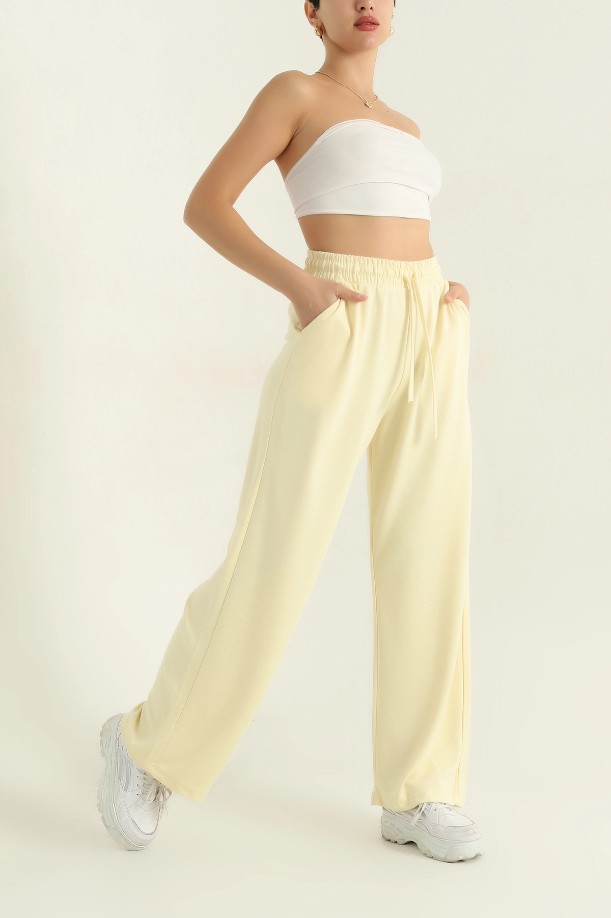 Sarı Bel Lastikli Cepli Modal Kadın Pantolon 366744