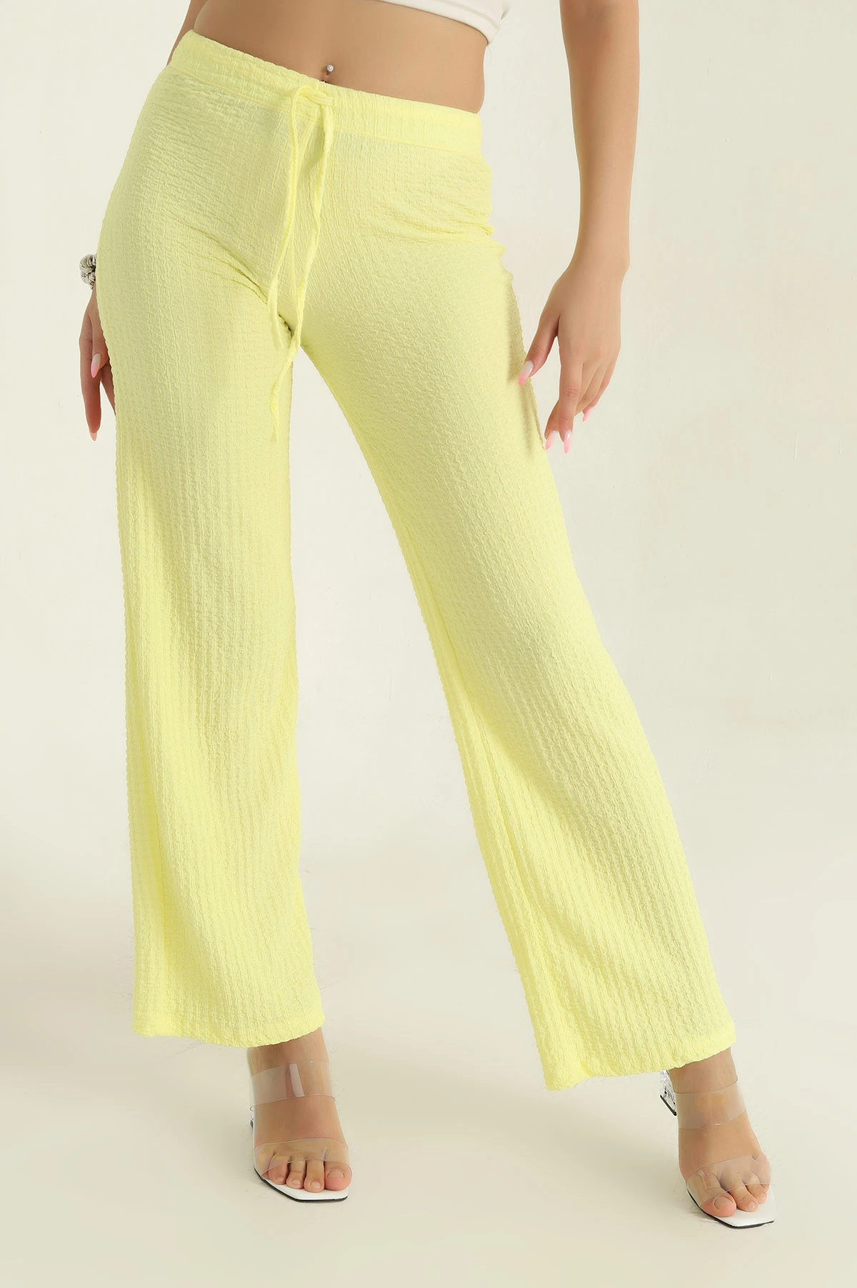 Sarı Bel Lastikli Gofre Kadın Pantolon 374651