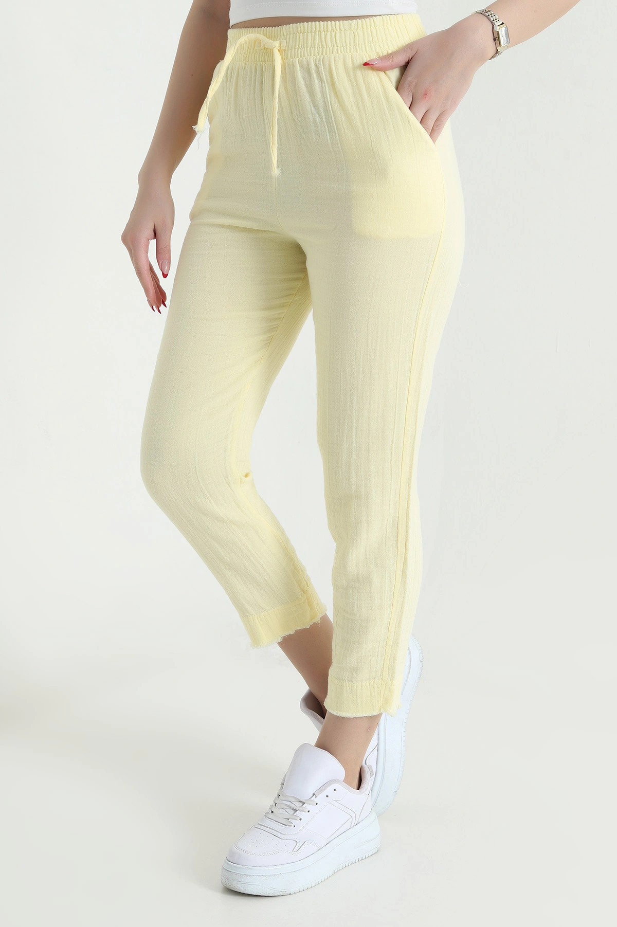 Sarı Bel Lastikli Müslin Keten Pantolon 438223