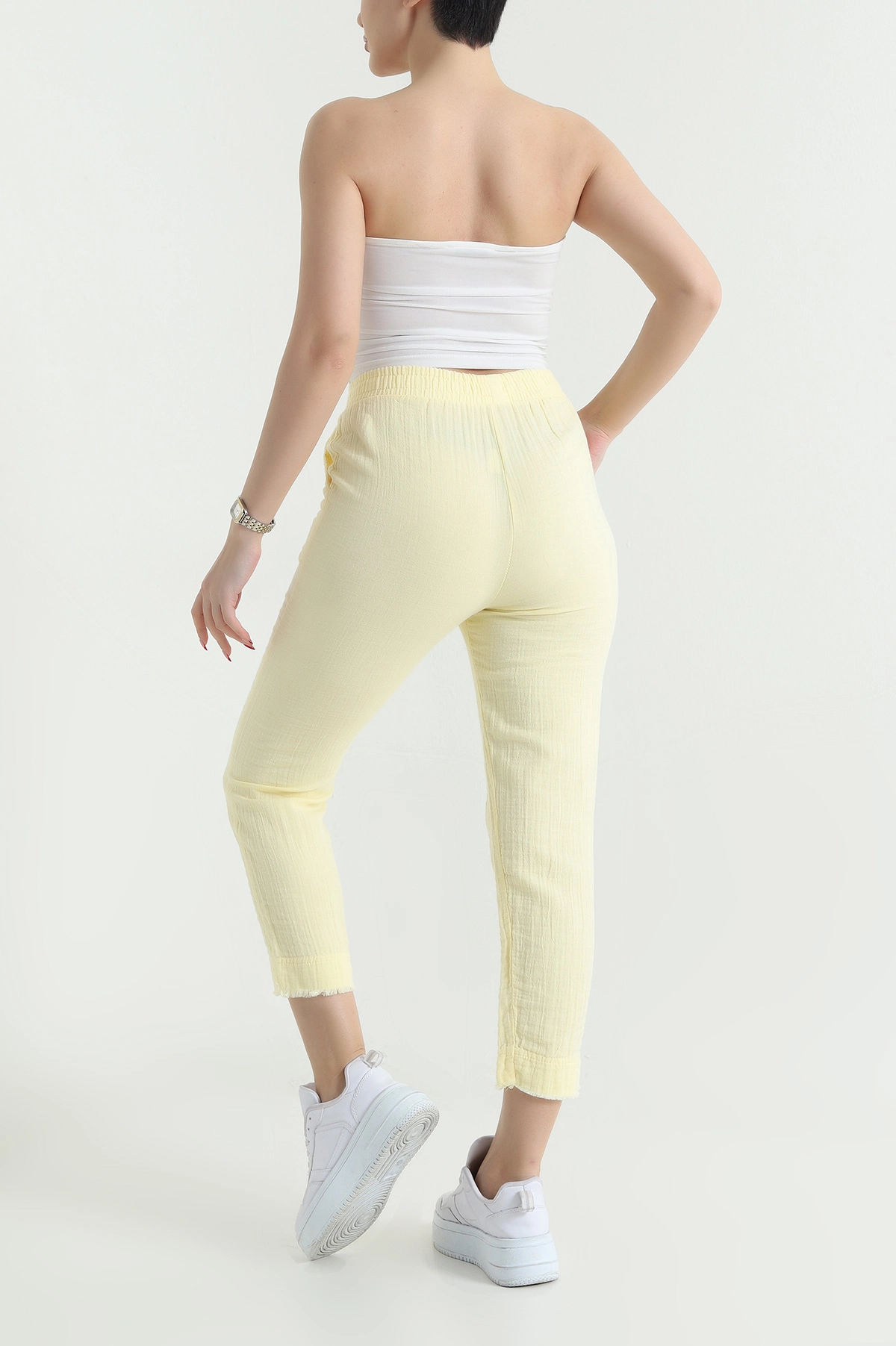 Sarı Bel Lastikli Müslin Keten Pantolon 438223