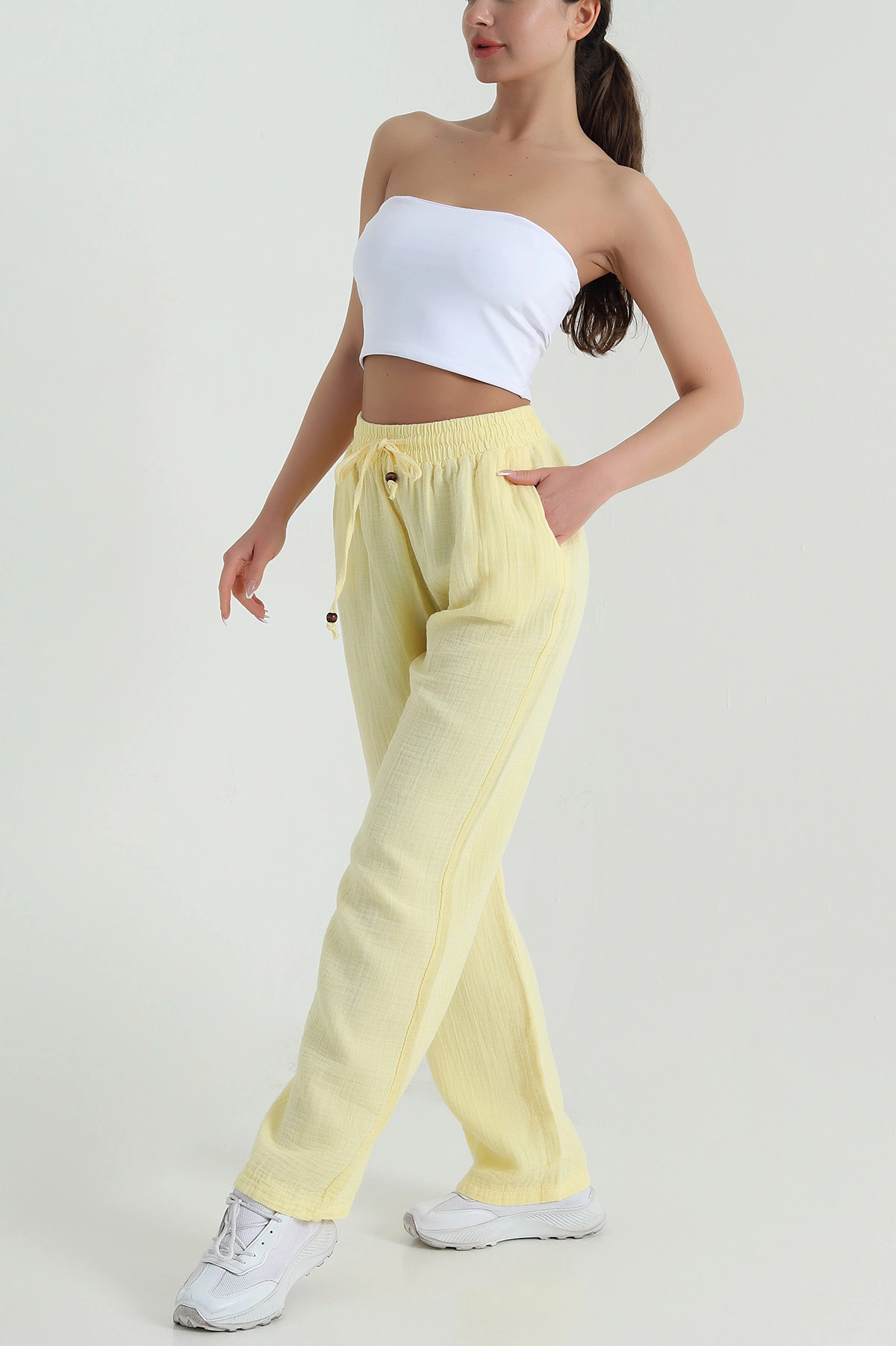 Sarı Beli Lastikli Müslin Keten Kadın Pantolon 457932