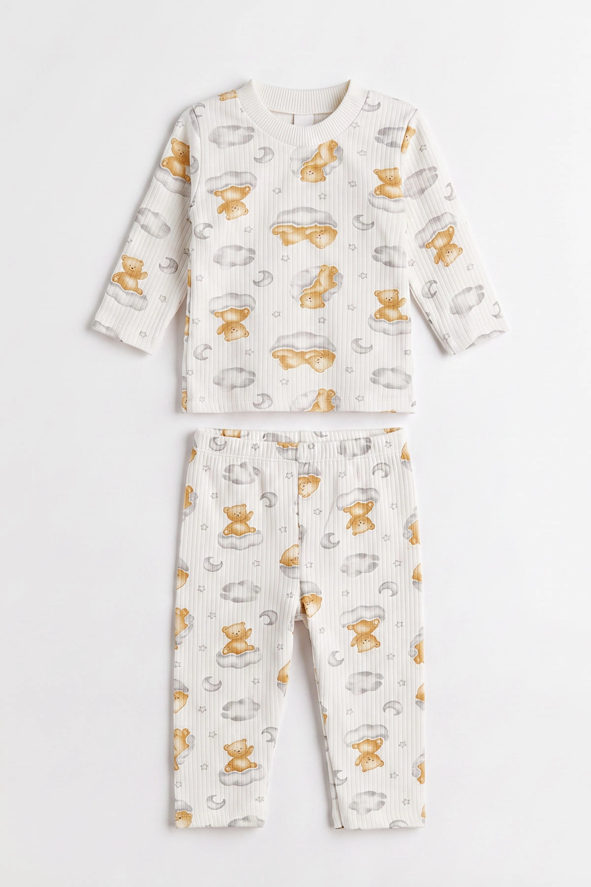 Sarı Beyaz (1-3 Yaş) Bulutlu Ayı  Baskılı Raporlu Çocuk Pijama Takım 477254