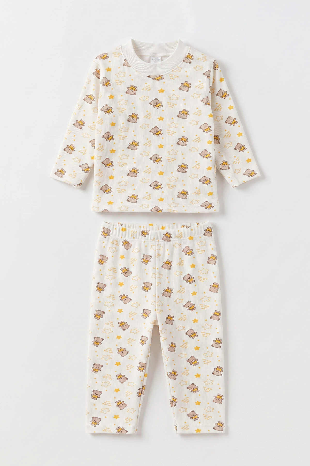 Sarı Beyaz   (1-3 Yaş) Yıldızlı Ayıcık Desenli   Çocuk Pijama Takım 477364