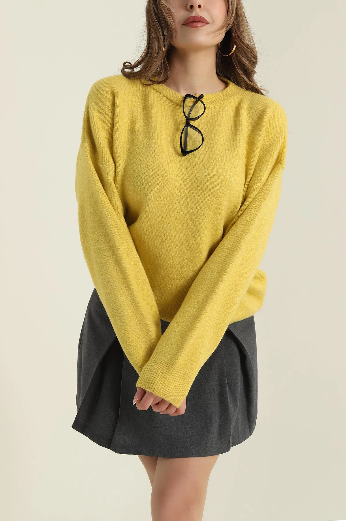 Sarı Bisiklet Yaka Oversize Kadın Triko Kazak 421240