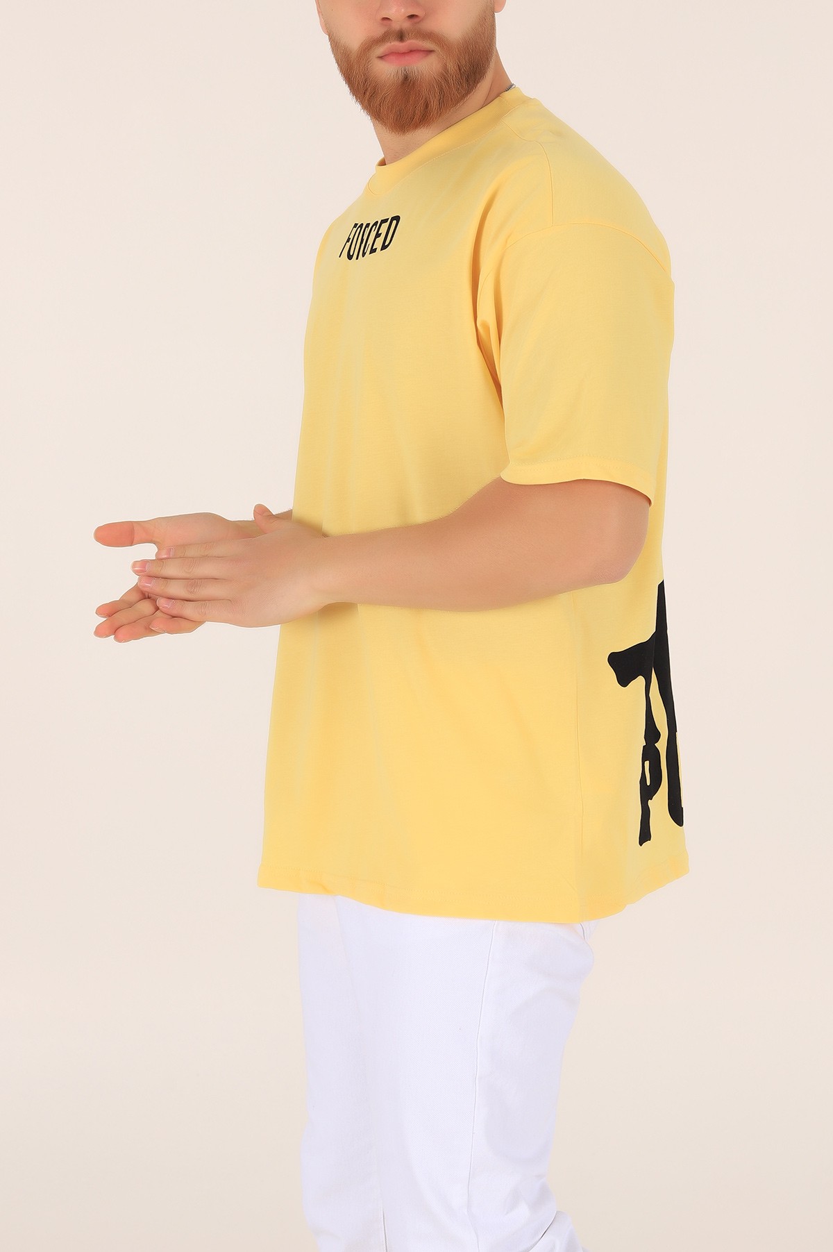 Sarı Bisiklet Yaka Sırt Baskılı Oversize Erkek Tişört 169662