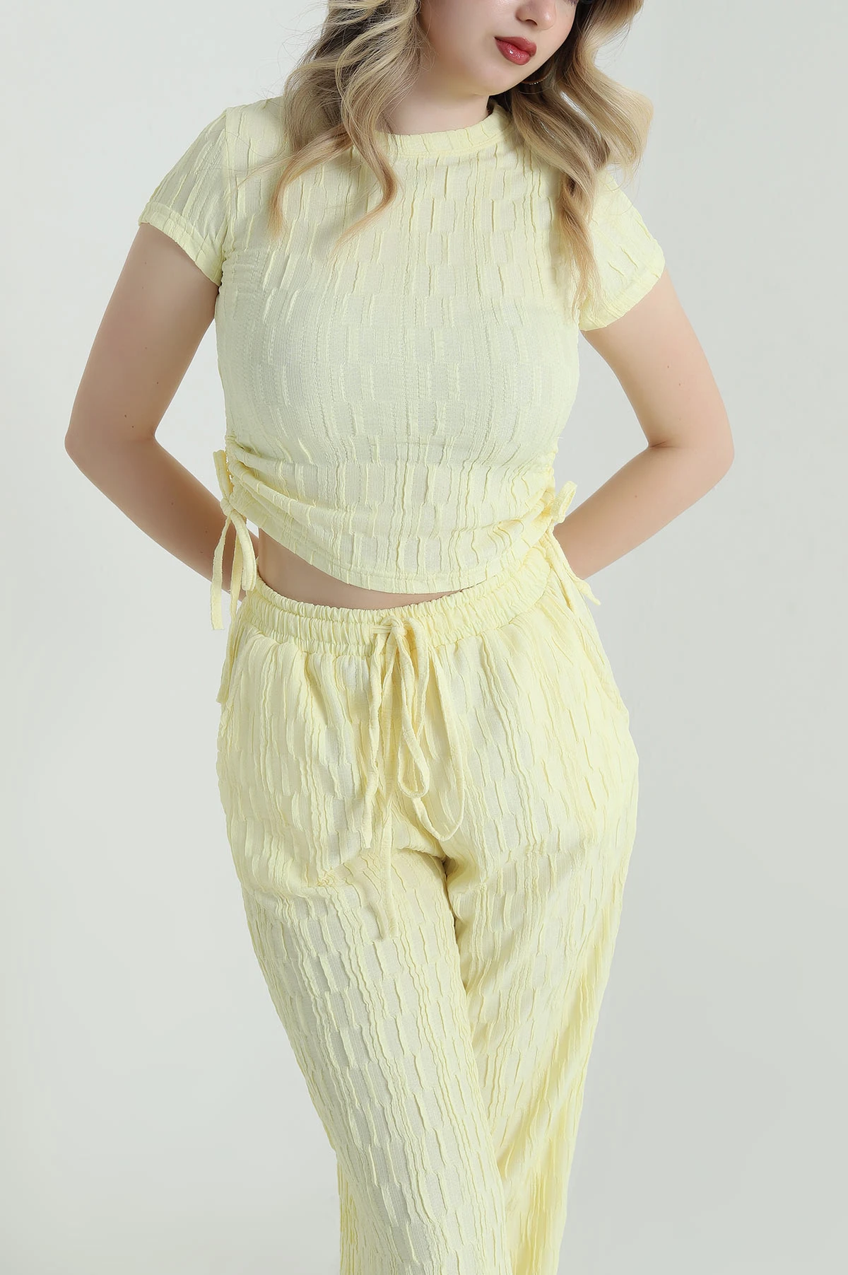 Sarı Bluz Pantolon Gofre Kadın İkili Takım 458368