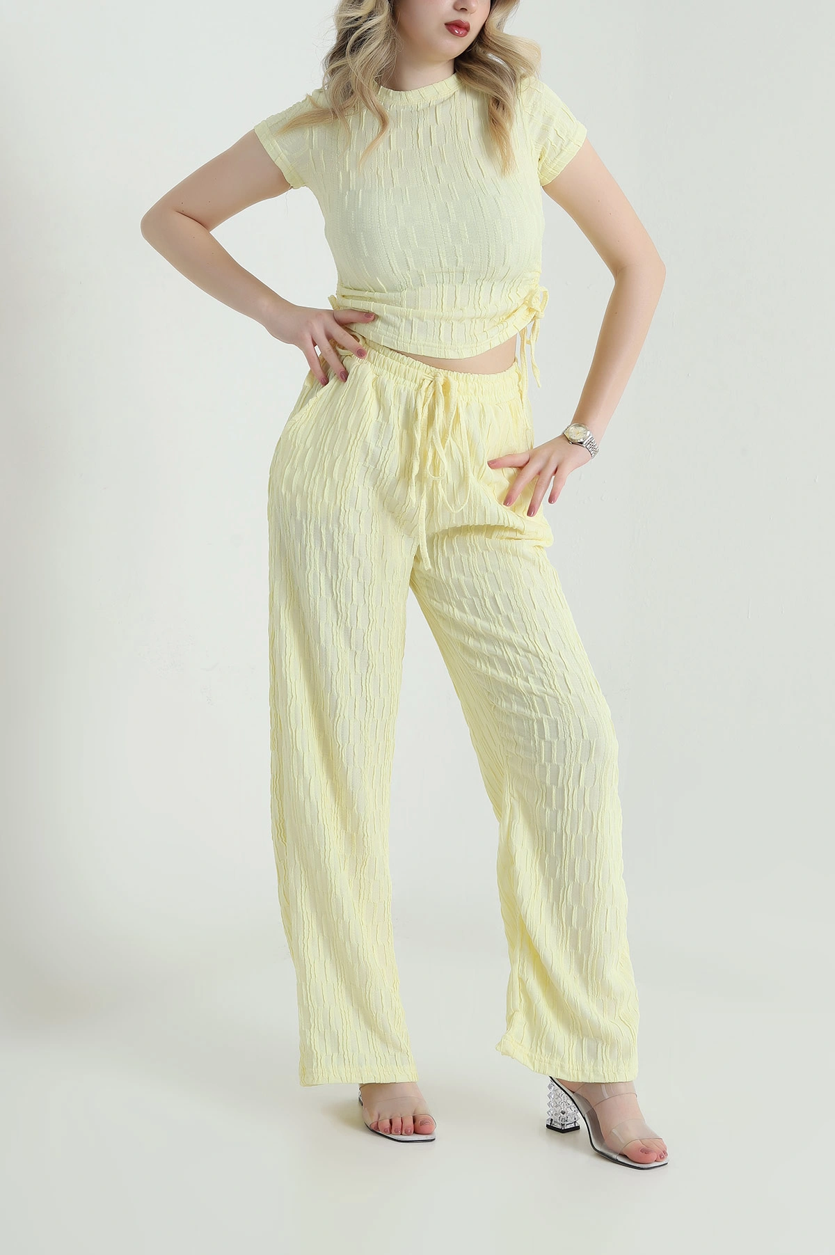 Sarı Bluz Pantolon Gofre Kadın İkili Takım 458368