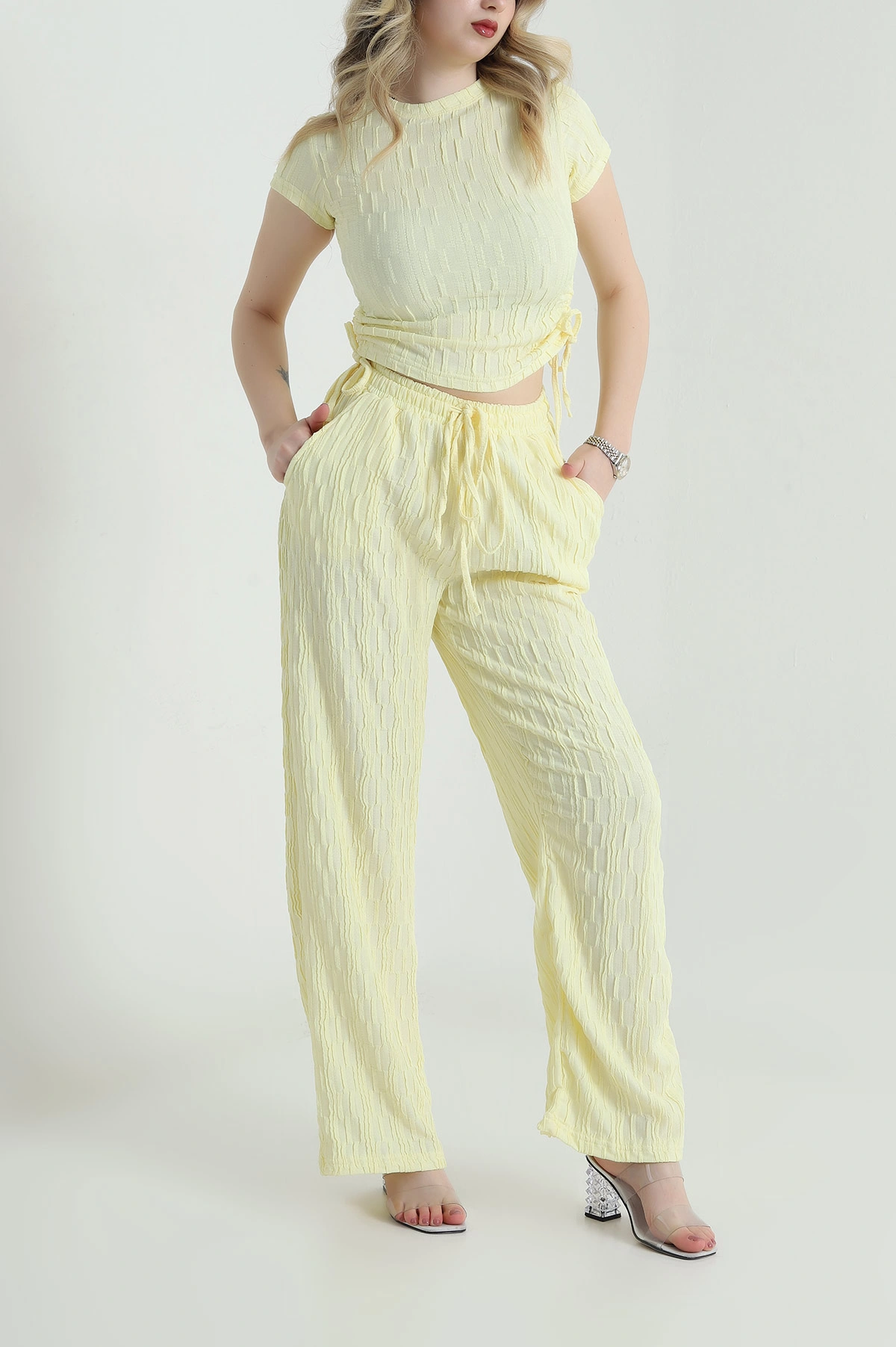 Sarı Bluz Pantolon Gofre Kadın İkili Takım 458368