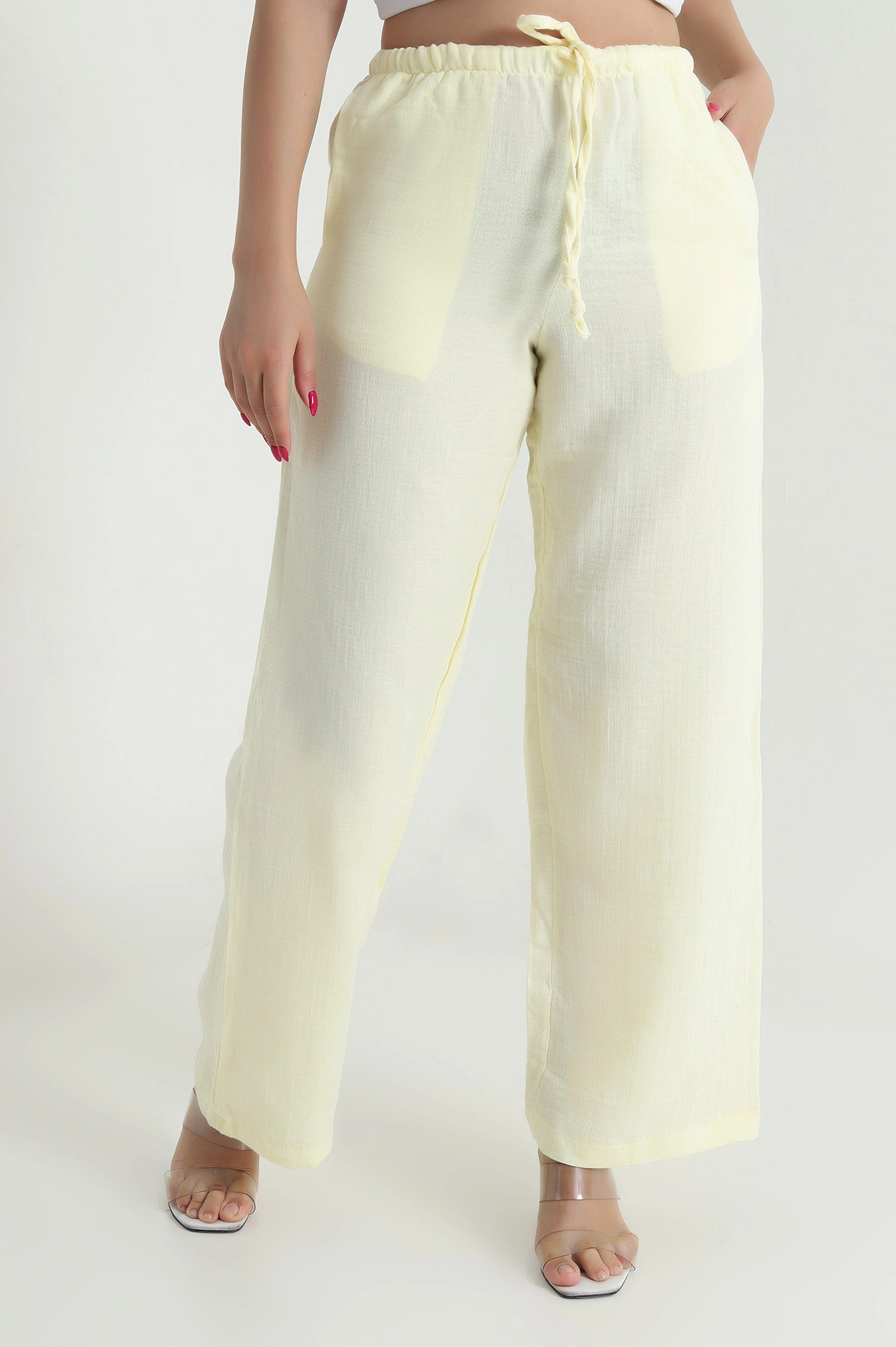 Sarı Bol Paça Cepli Müslin Kadın Pantolon 475330