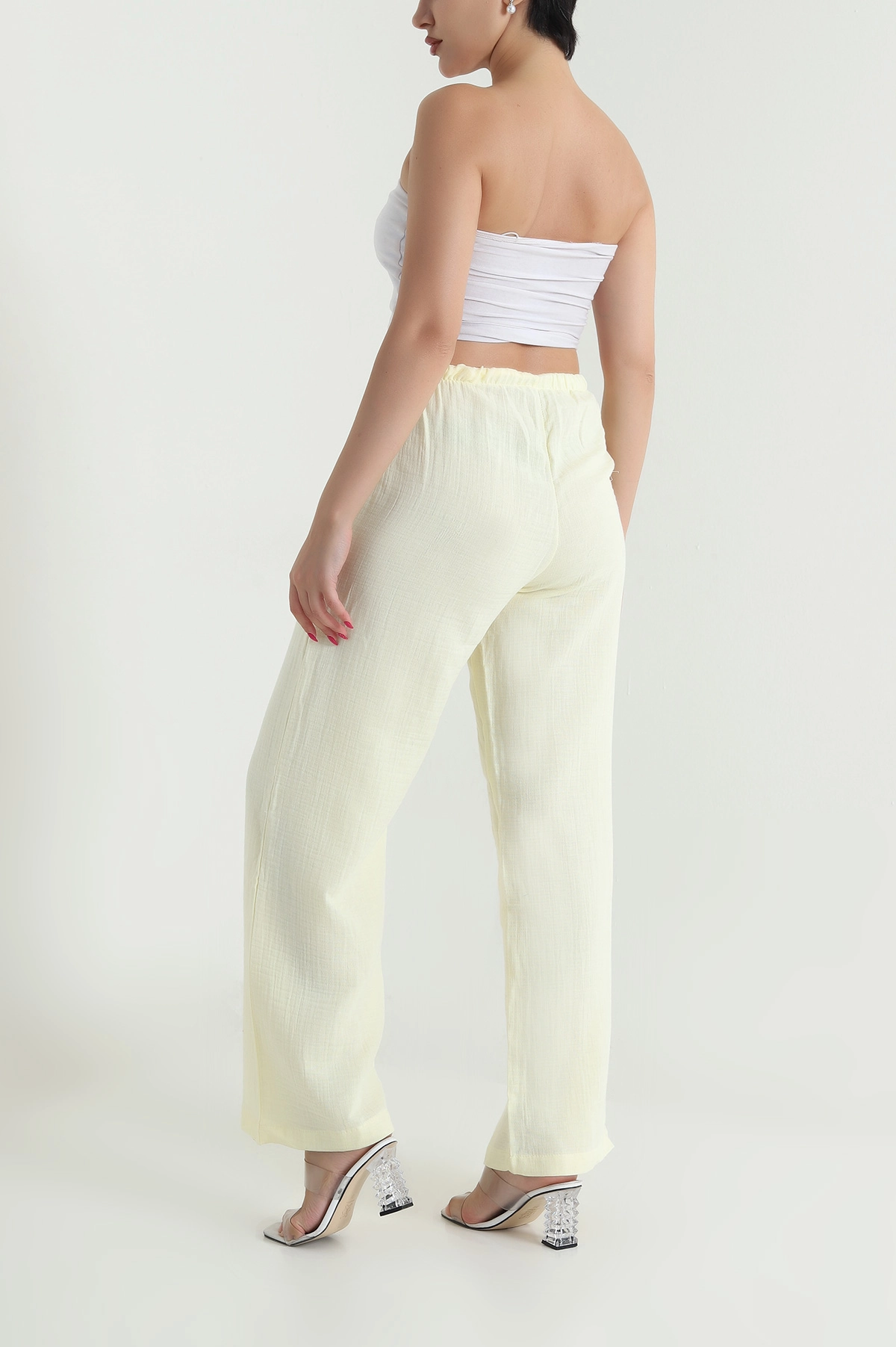 Sarı Bol Paça Cepli Müslin Kadın Pantolon 475330