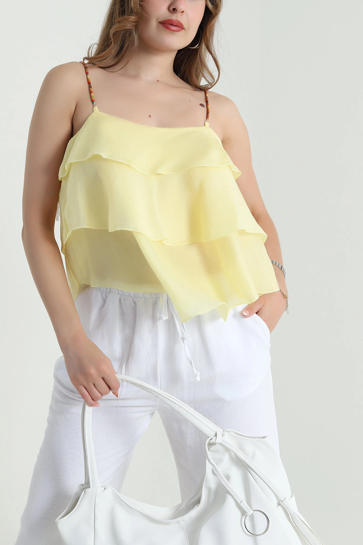 Sarı Boncuk Askı Detay Tencel Kadın Bluz 478615