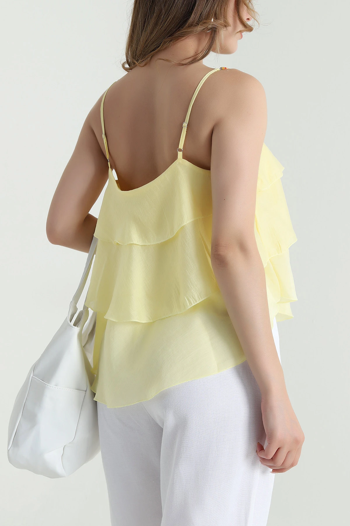Sarı Boncuk Askı Detay Tencel Kadın Bluz 478615