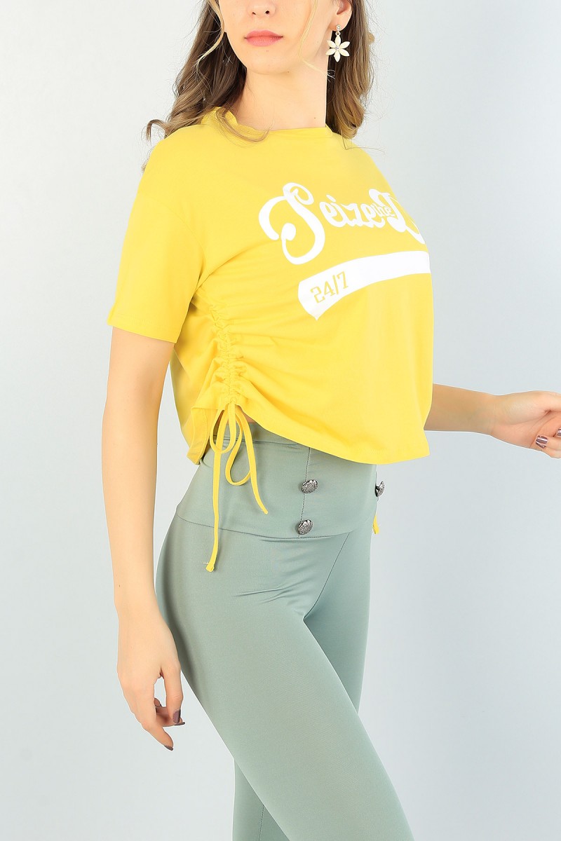 Sarı Büzgülü Tasarım Bayan Baskılı Tişört 61341