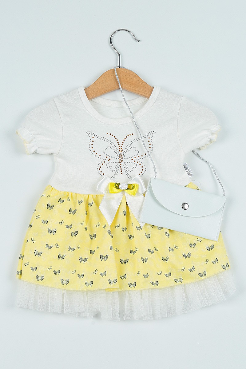 (0-3Yaş)Sarı Çantalı Taş İşlemeli Kız Çocuk Elbise 101172