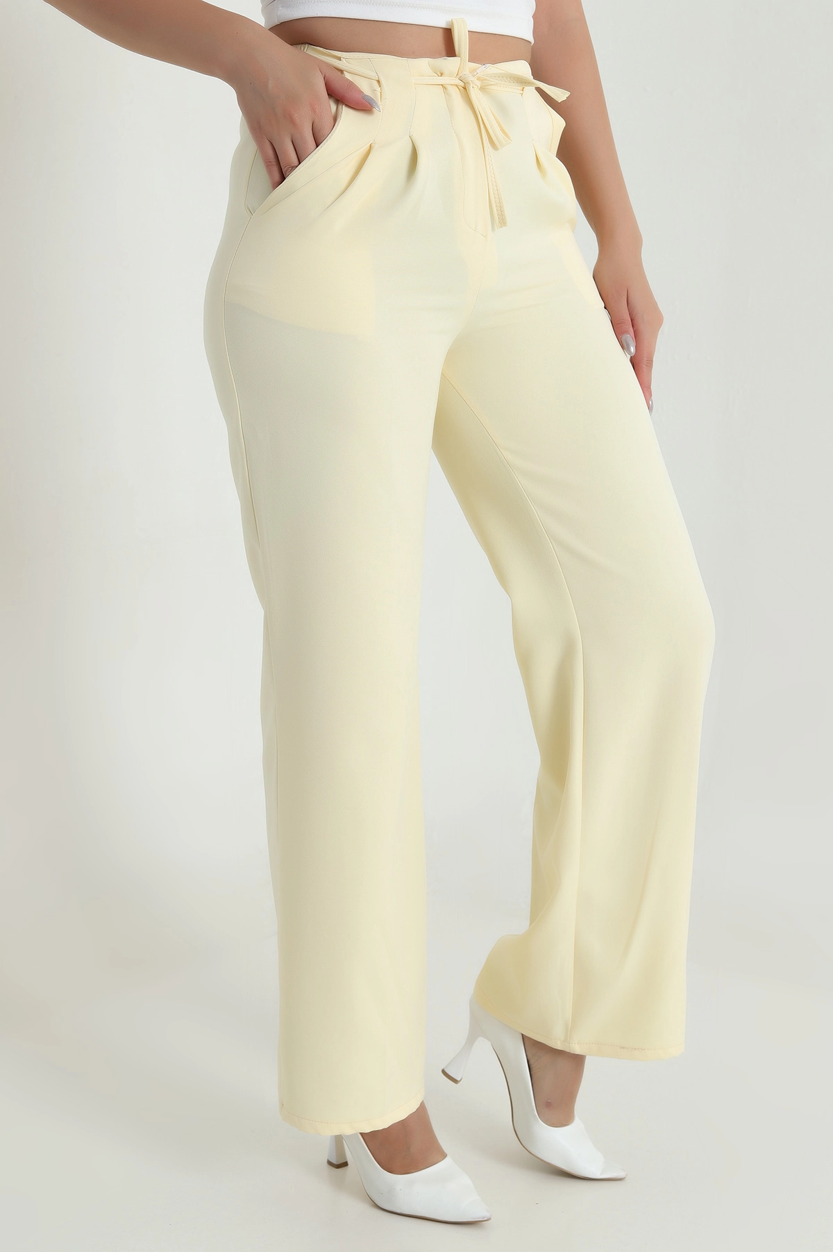 Sarı Çift Pileli Beli Lastikli Kadın Pantolon 482579