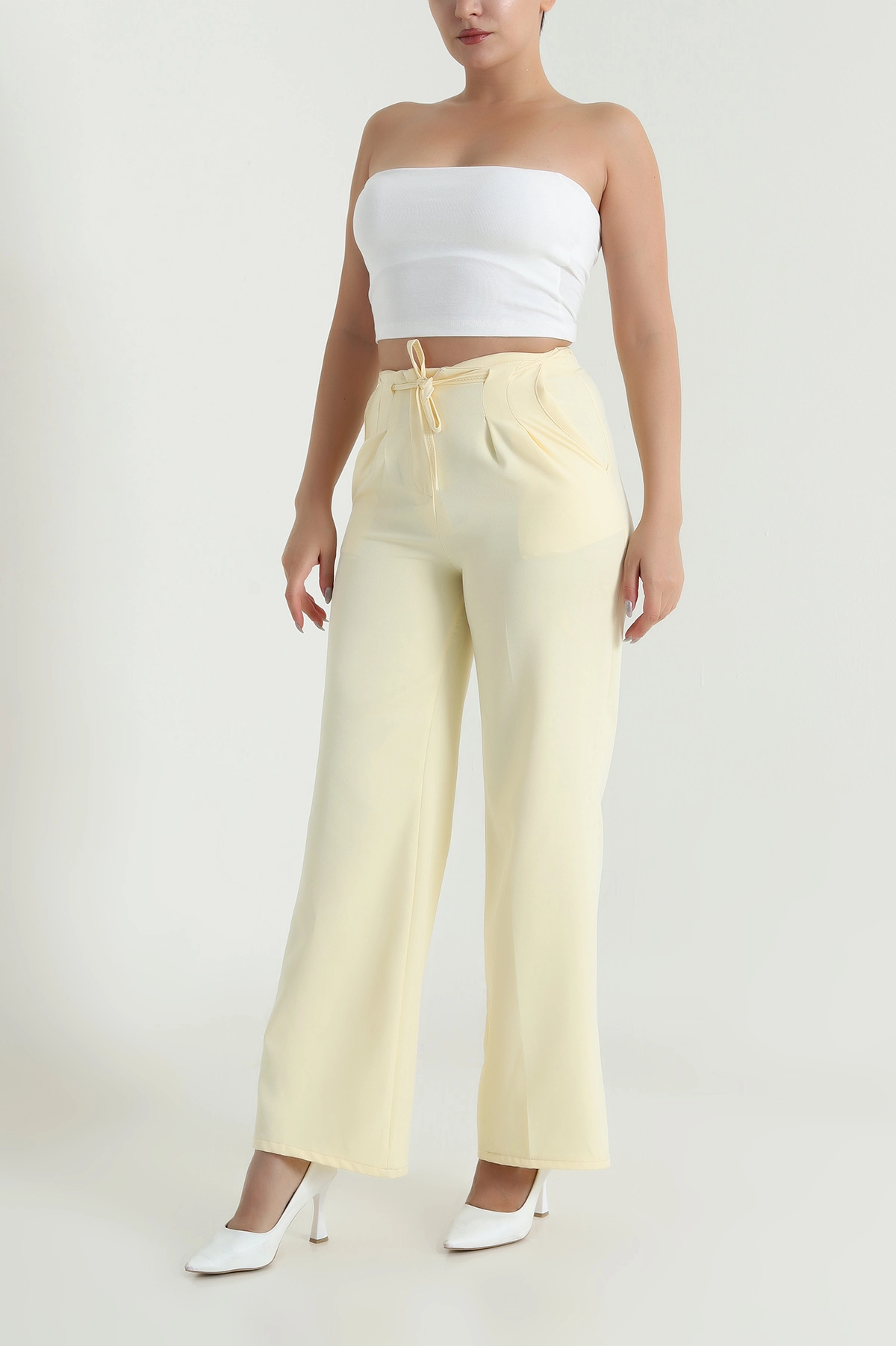 Sarı Çift Pileli Beli Lastikli Kadın Pantolon 482579