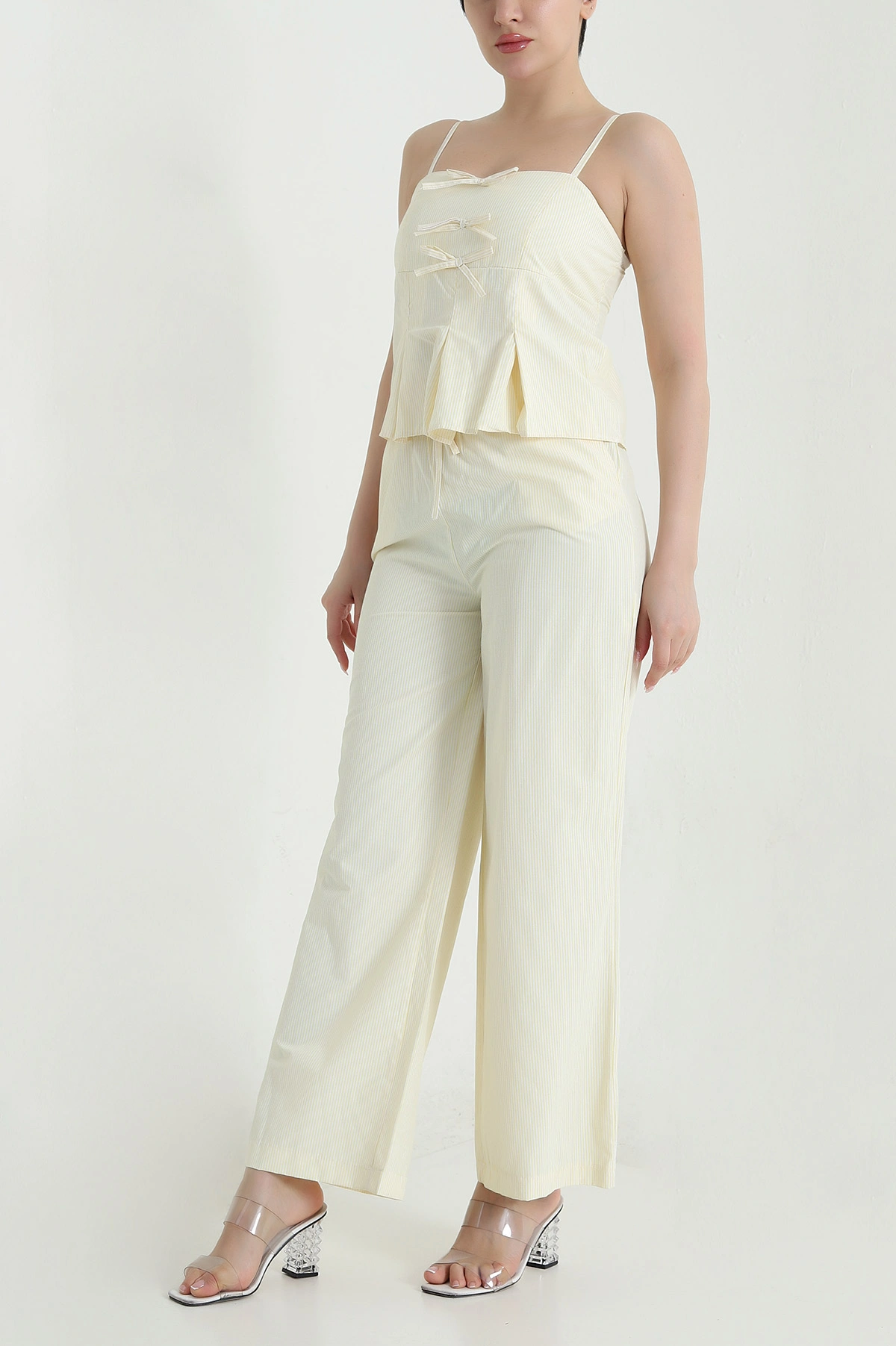 Sarı Çizgili Poplin Kadın İkili Takım 459609