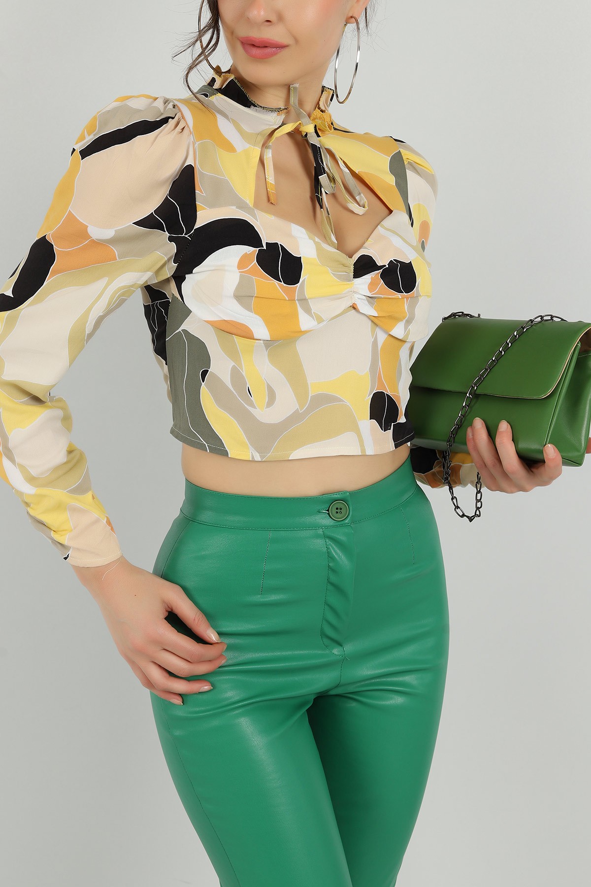 Sarı Desenli Dokuma Viskon Bluz 143843