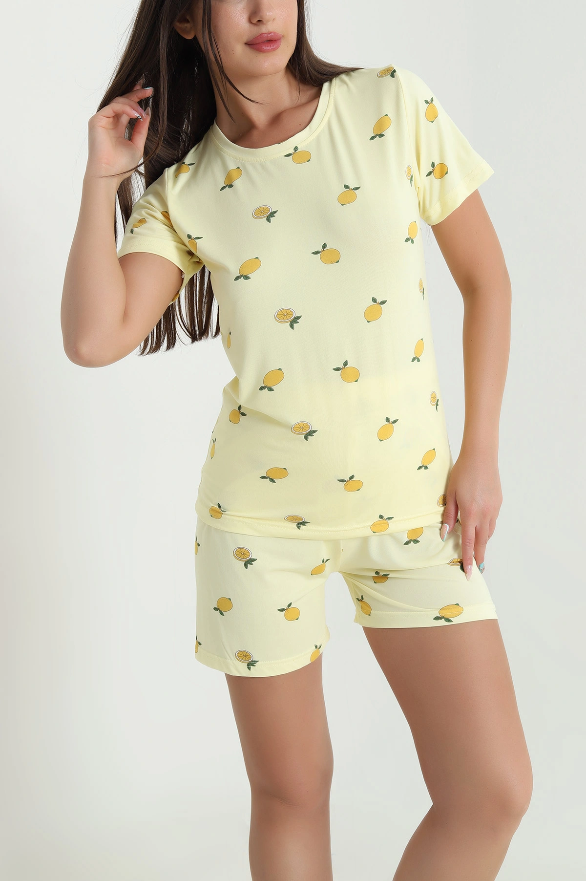 Sarı Desenli Kadın Şortlu Kısa Kollu Pijama Takımı 466388