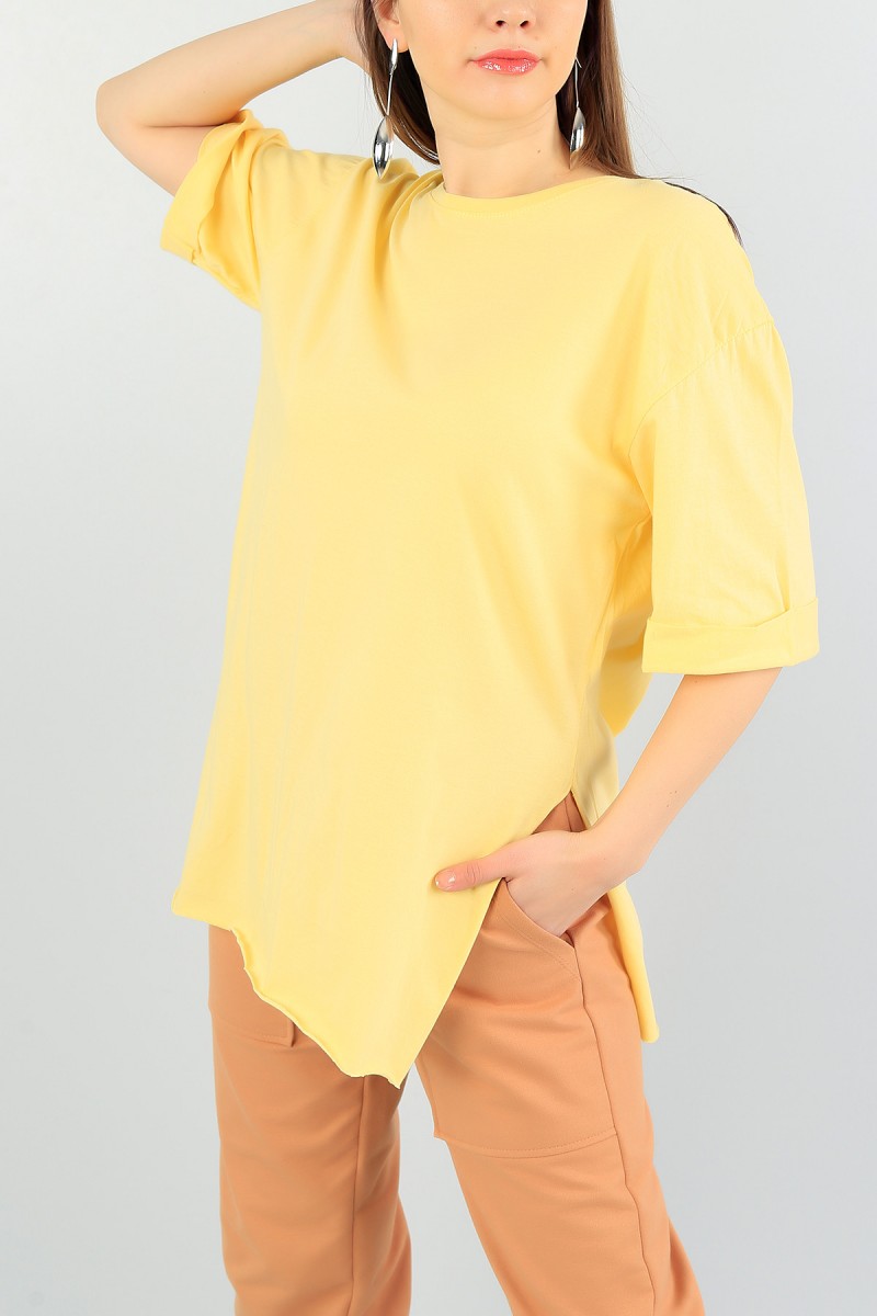 Sarı Duble Kol Bayan Yırtmaçlı Tişört 59915
