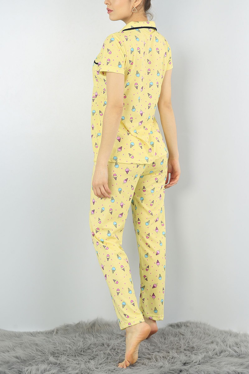 Sarı Düğmeli Baskılı Bayan Pijama Takımı 54954