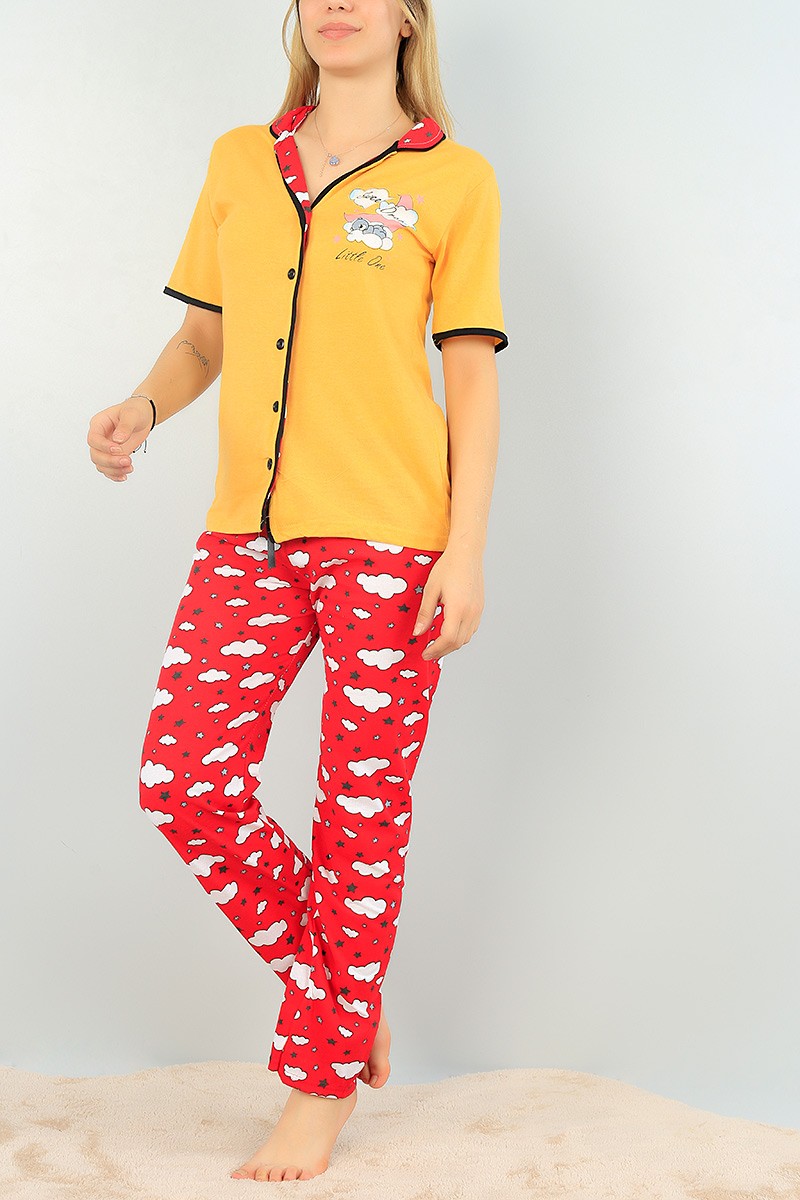 Sarı Düğmeli Bayan  Baskılı Pijama Takımı 64947