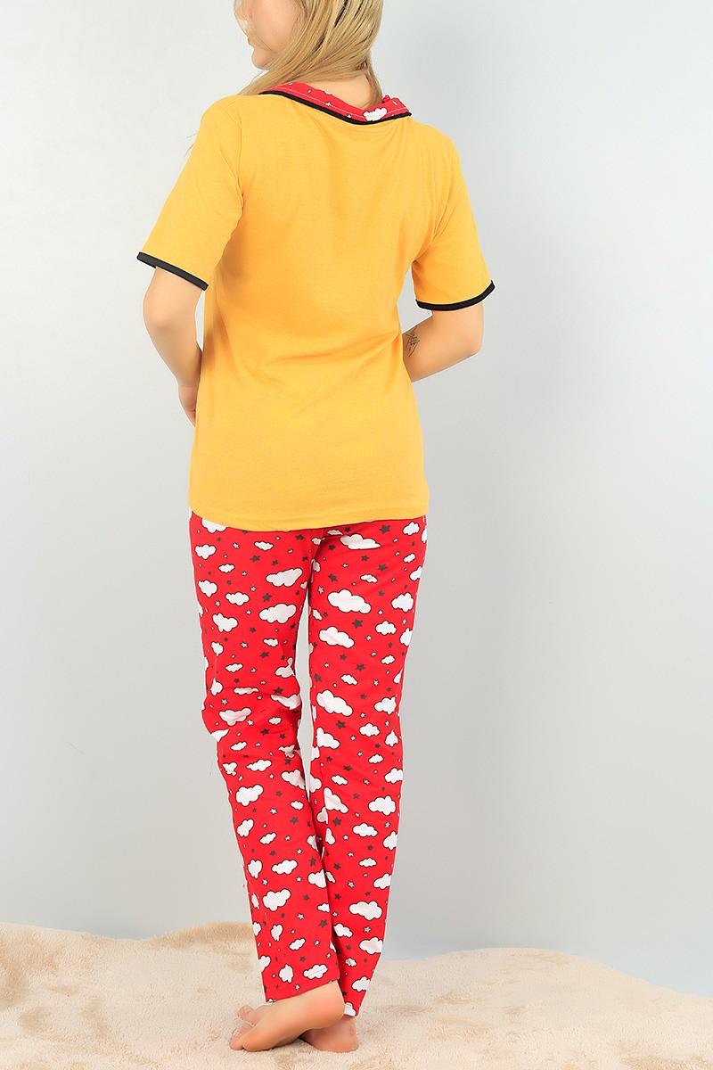 Sarı Düğmeli Bayan  Baskılı Pijama Takımı 64947