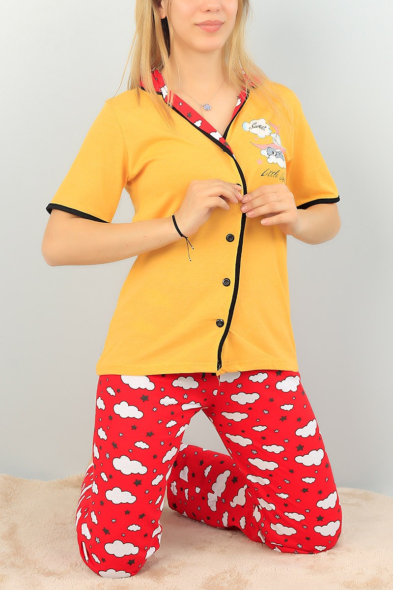 Sarı Düğmeli Bayan  Baskılı Pijama Takımı 64947