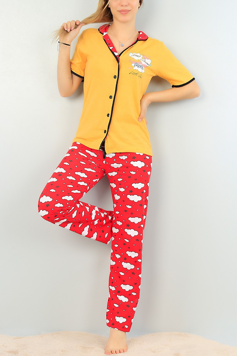 Sarı Düğmeli Bayan  Baskılı Pijama Takımı 64947