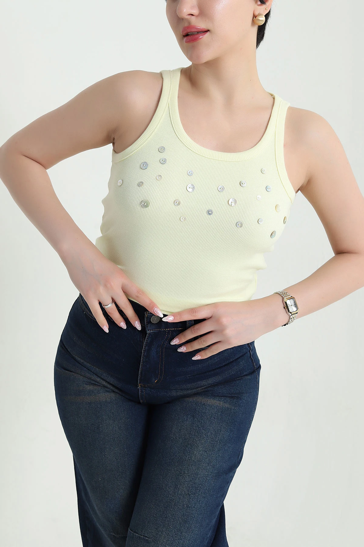 Sarı Düğmeli Likralı Kaşkorse Kadın Atlet 457711