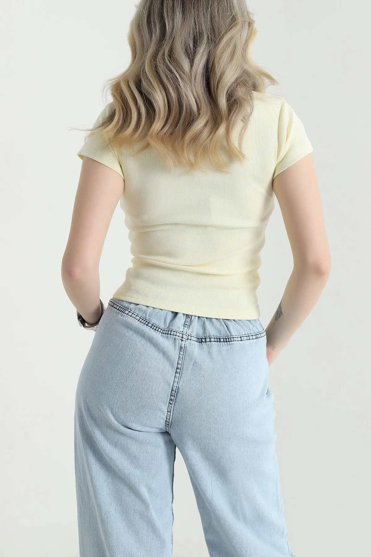 Sarı Düğmeli Yaka Fitilli Kadın Bluz 456147