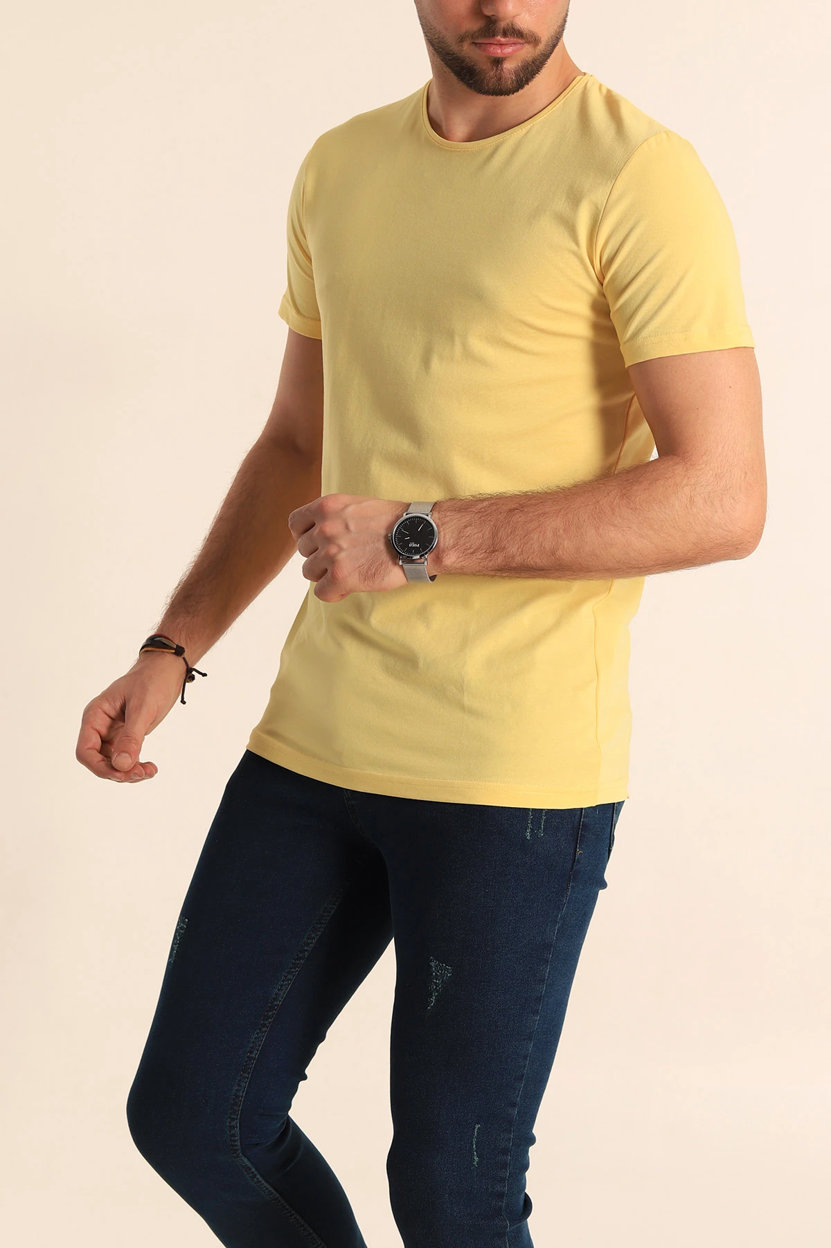 Sarı Düz Kesim Basic Erkek Tişört 181369