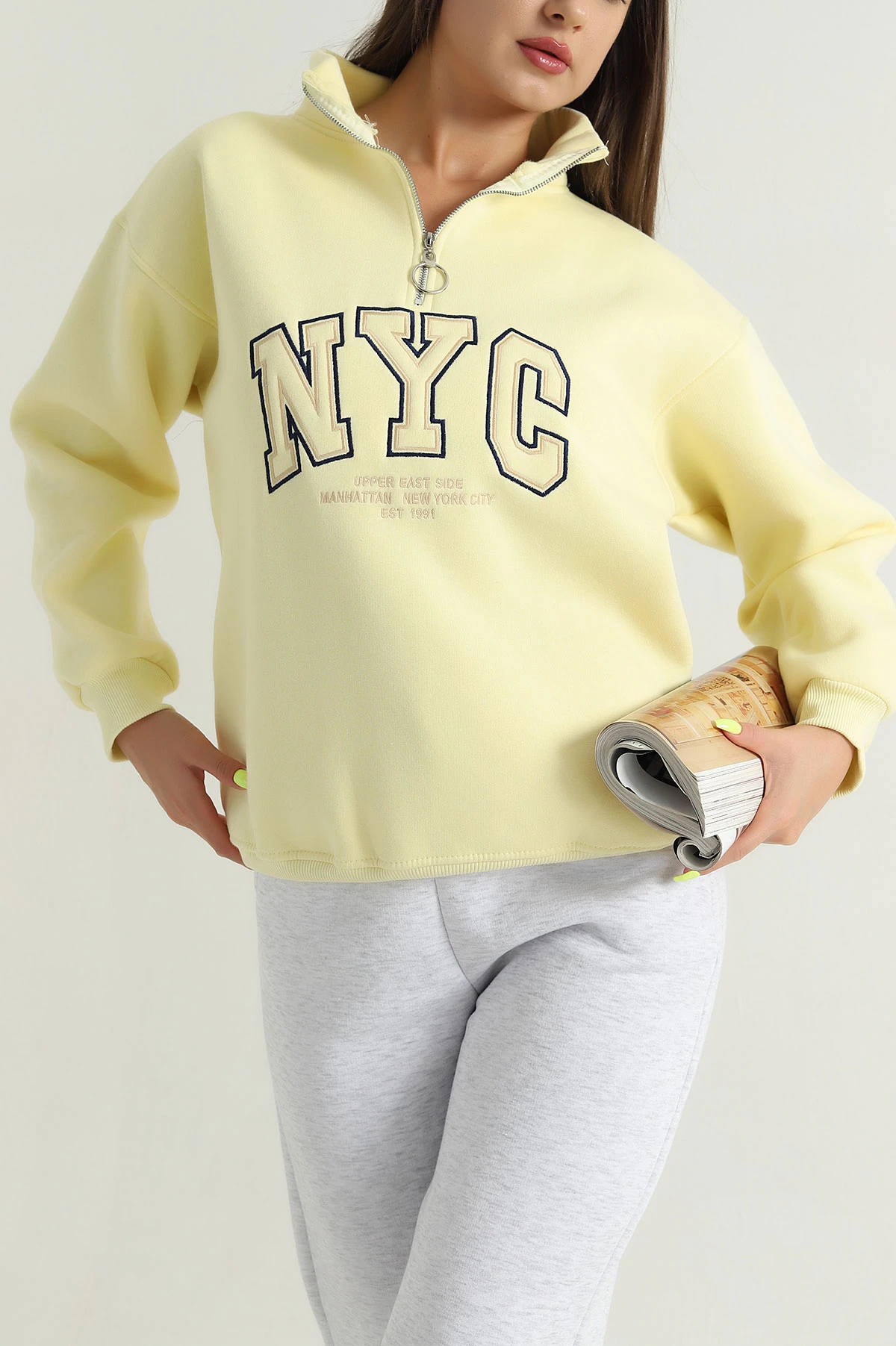 Sarı Fermuarlı Nakışlı Şardonlu Kadın Sweat 387845
