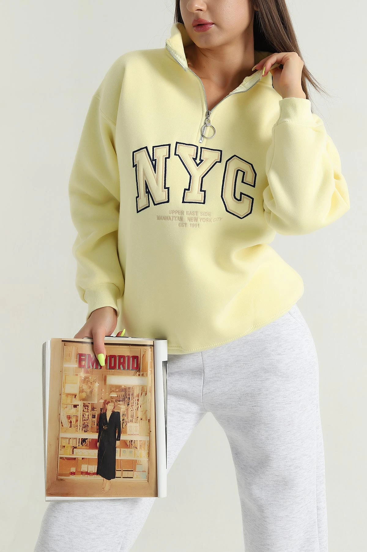 Sarı Fermuarlı Nakışlı Şardonlu Kadın Sweat 387845