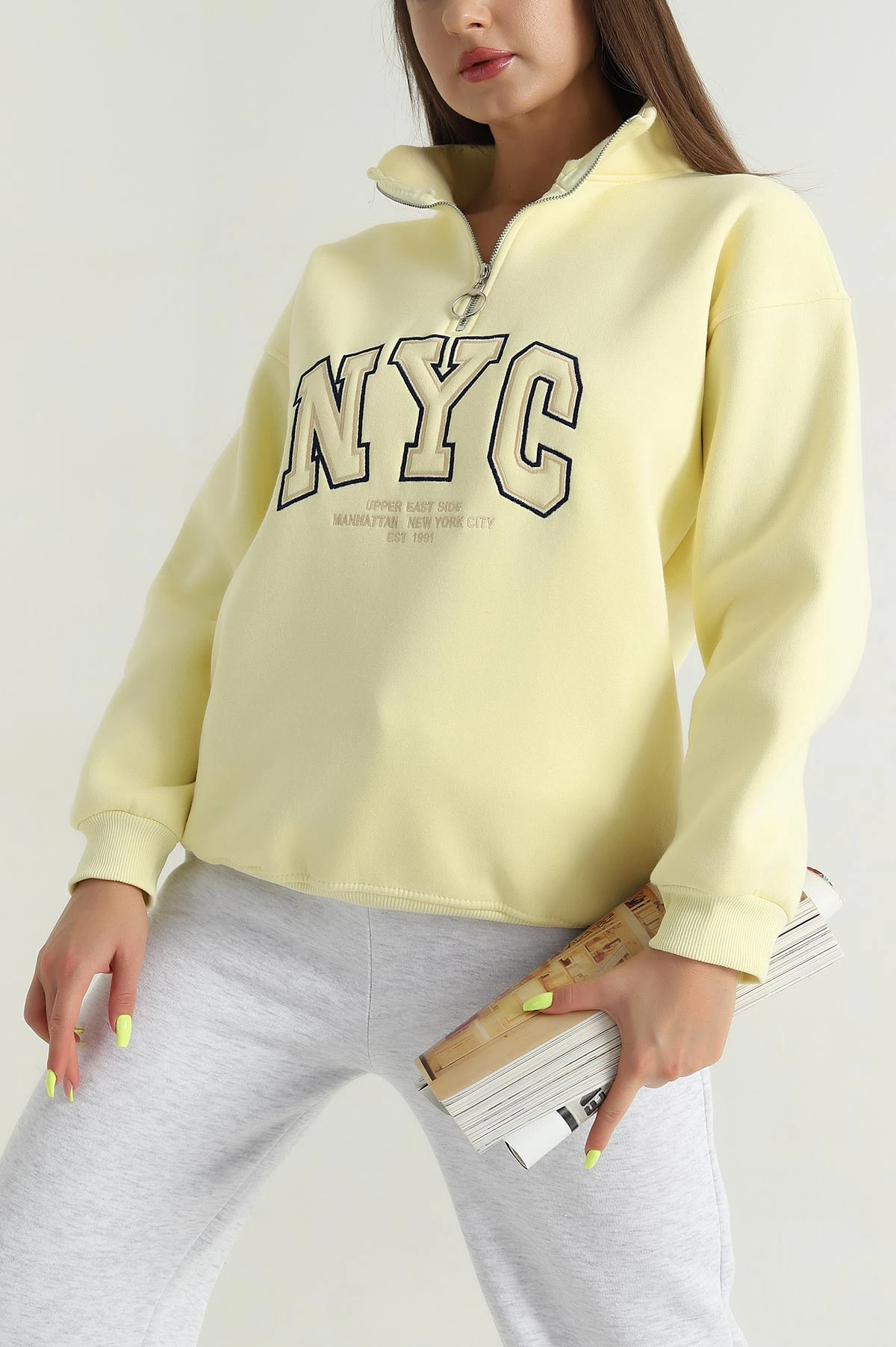 Sarı Fermuarlı Nakışlı Şardonlu Kadın Sweat 387845