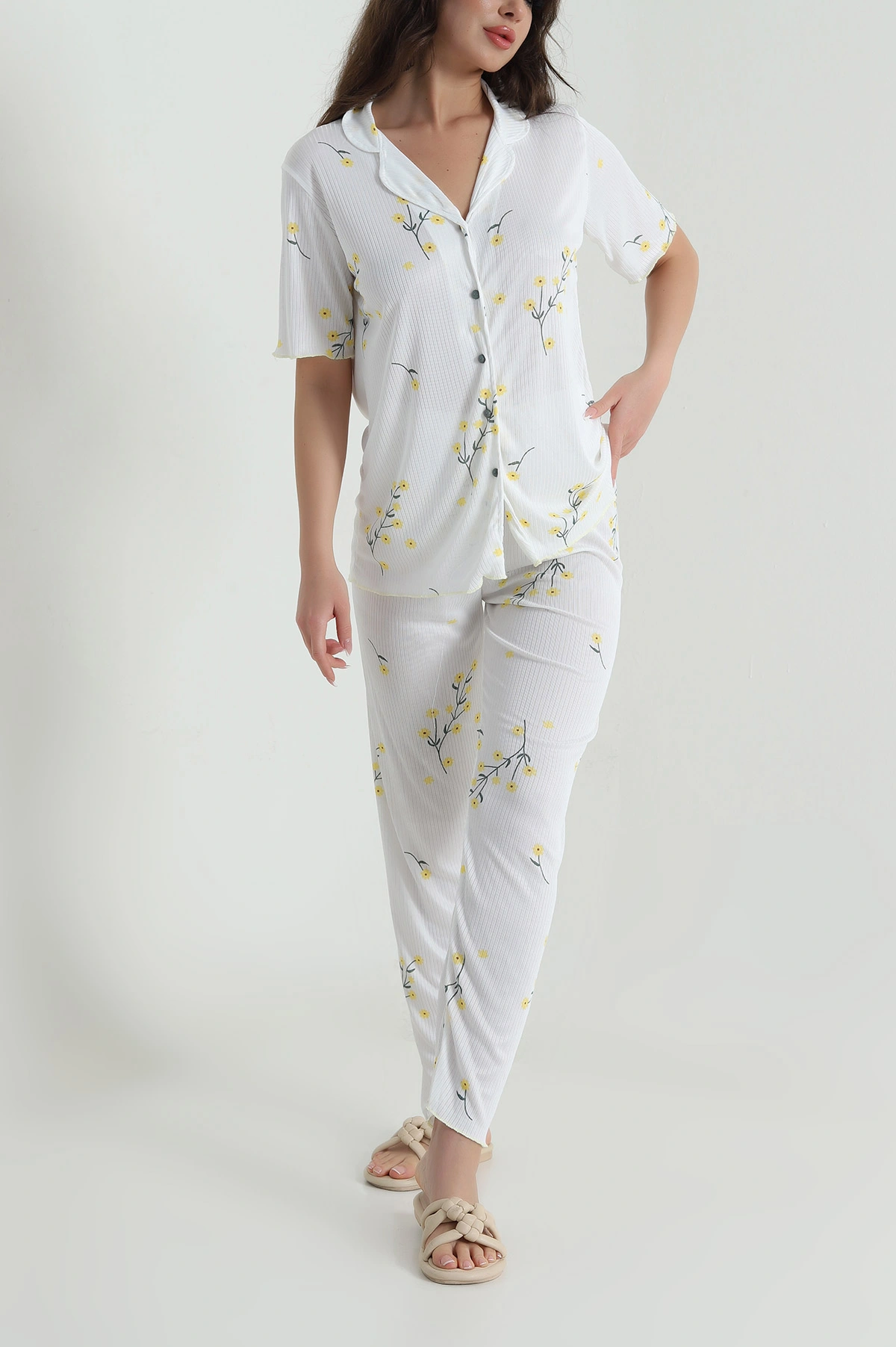Sarı Fitilli Düğmeli Kadın Pijama Takımı 458843