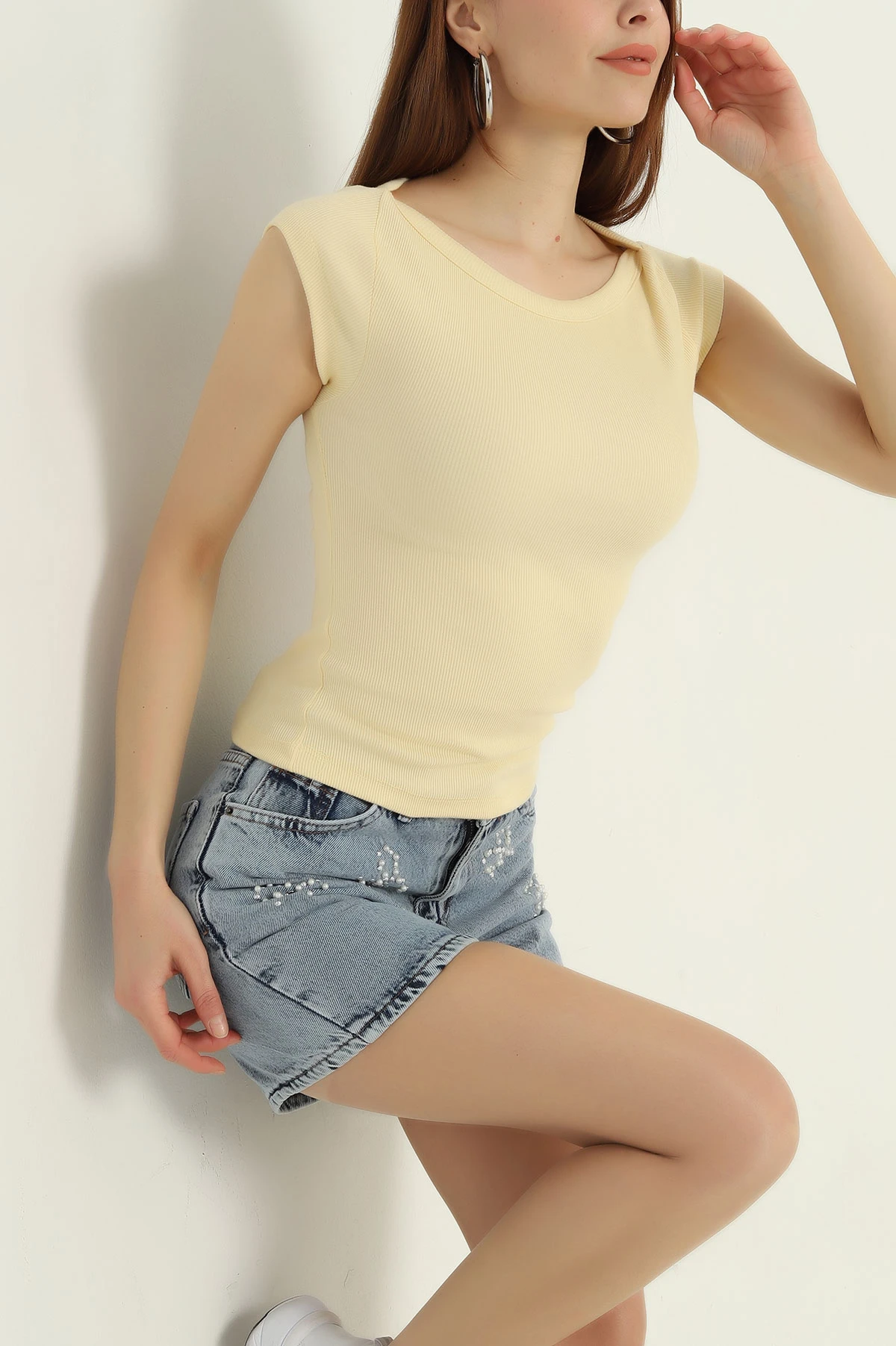 Sarı Fitilli Likralı Omuz Detay Kadın Bluz 362308