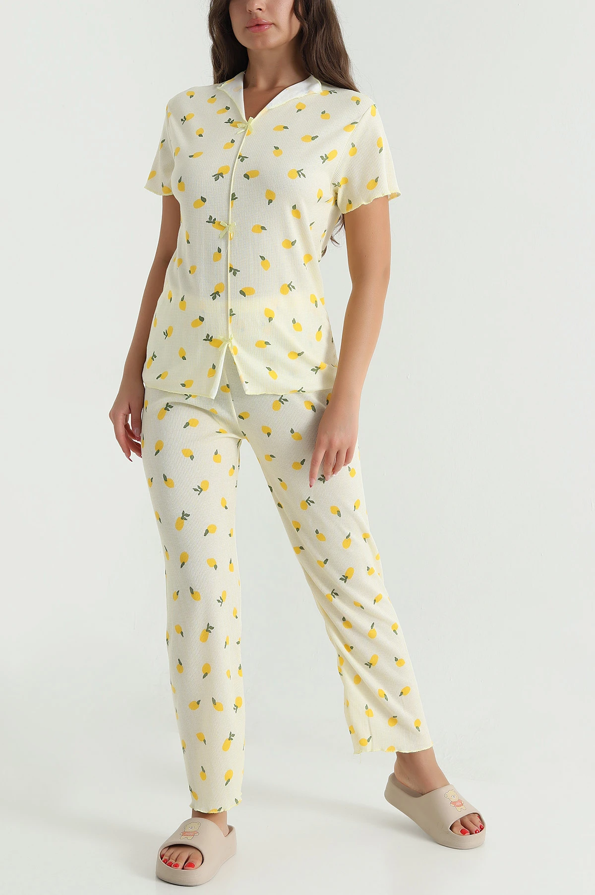 Sarı Fiyonklu Kaşkorse Kadın Pijama Takımı 476188