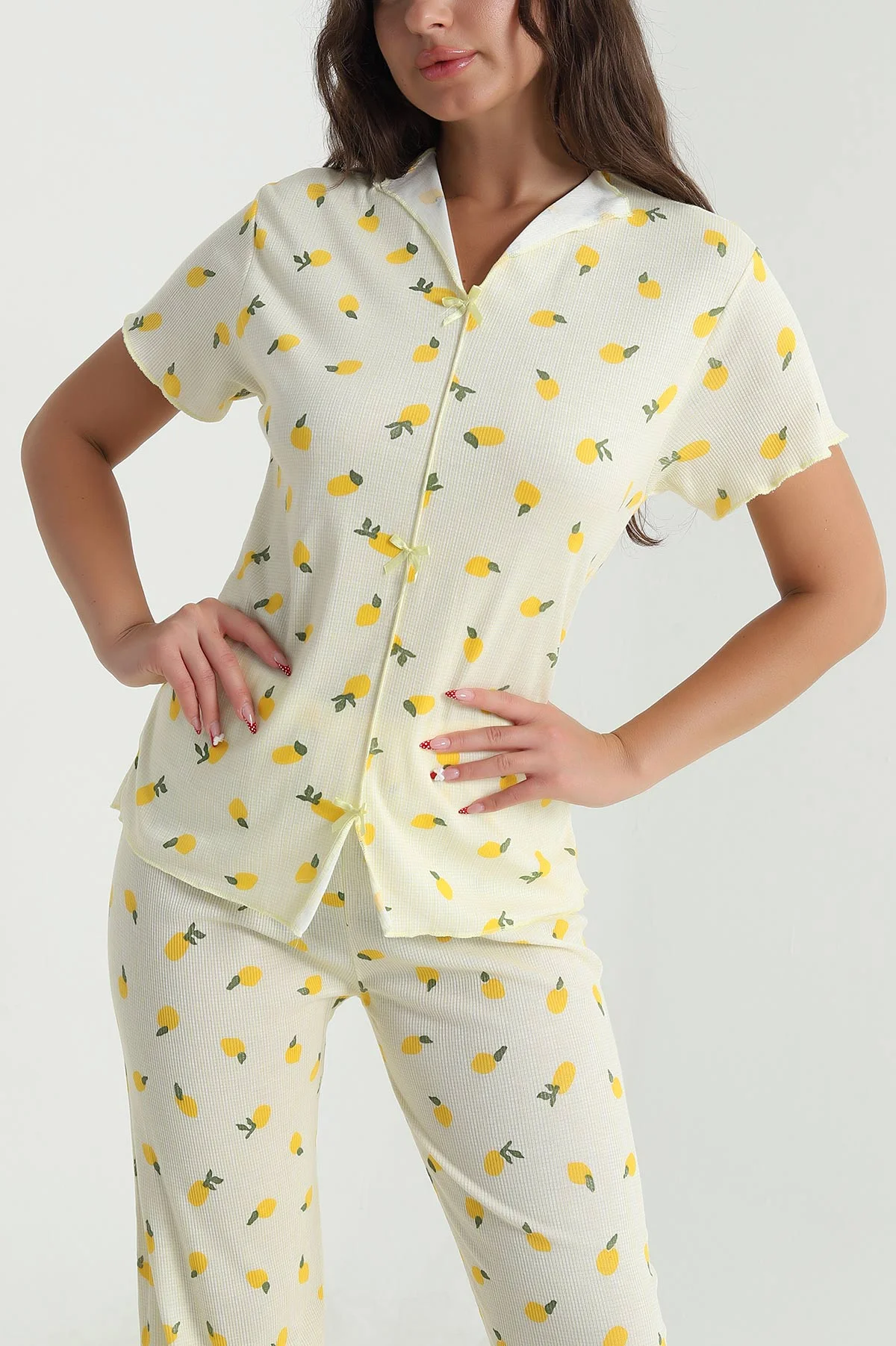 Sarı Fiyonklu Kaşkorse Kadın Pijama Takımı 476188