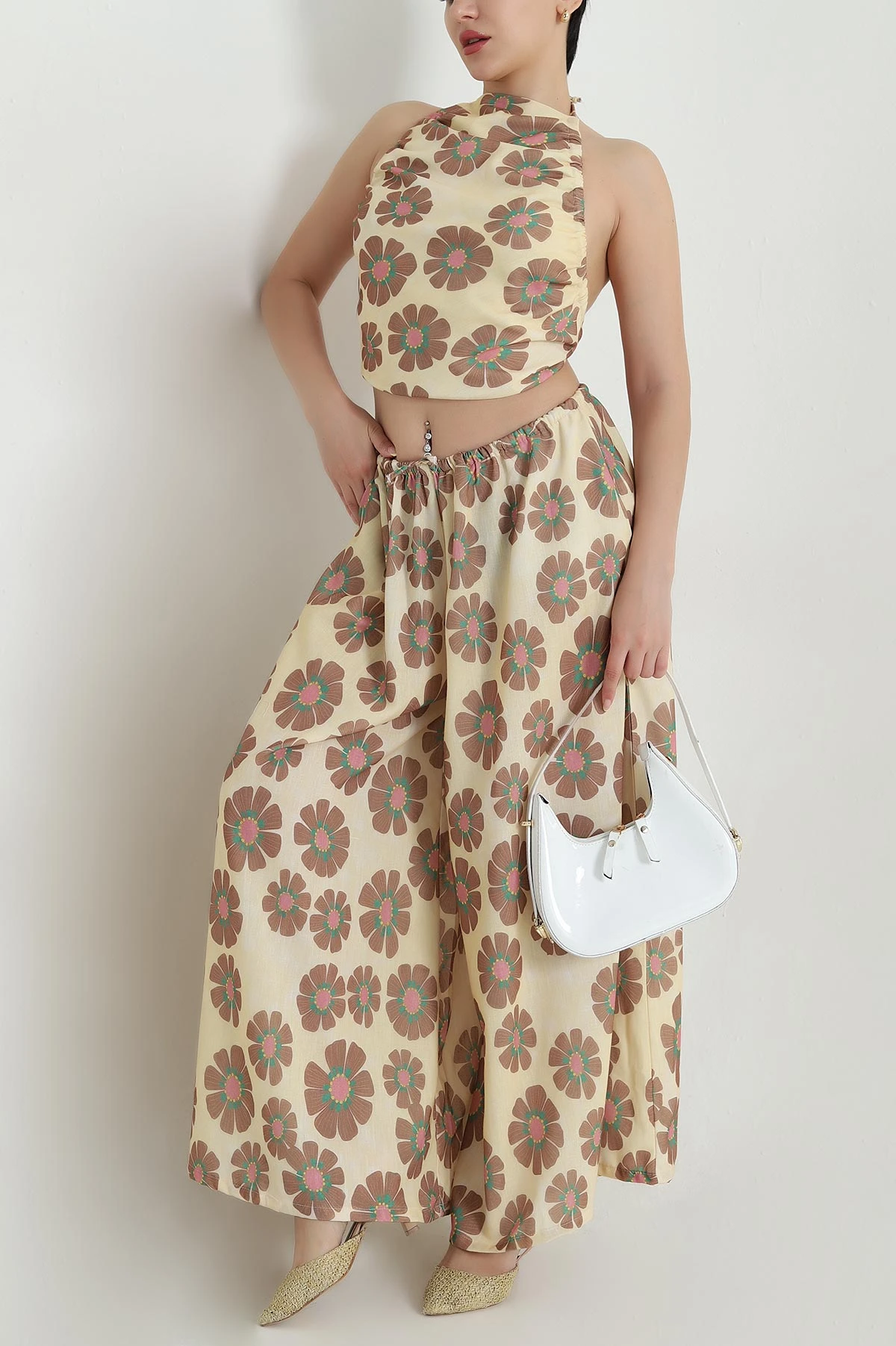 Sarı Flam Pamuk Keten Büzgülü Halter Top Pantolon Takımı 468699