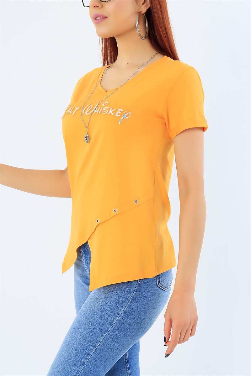 Sarı Gofre Baskı Kuş Gözü Detay Tişört 31648