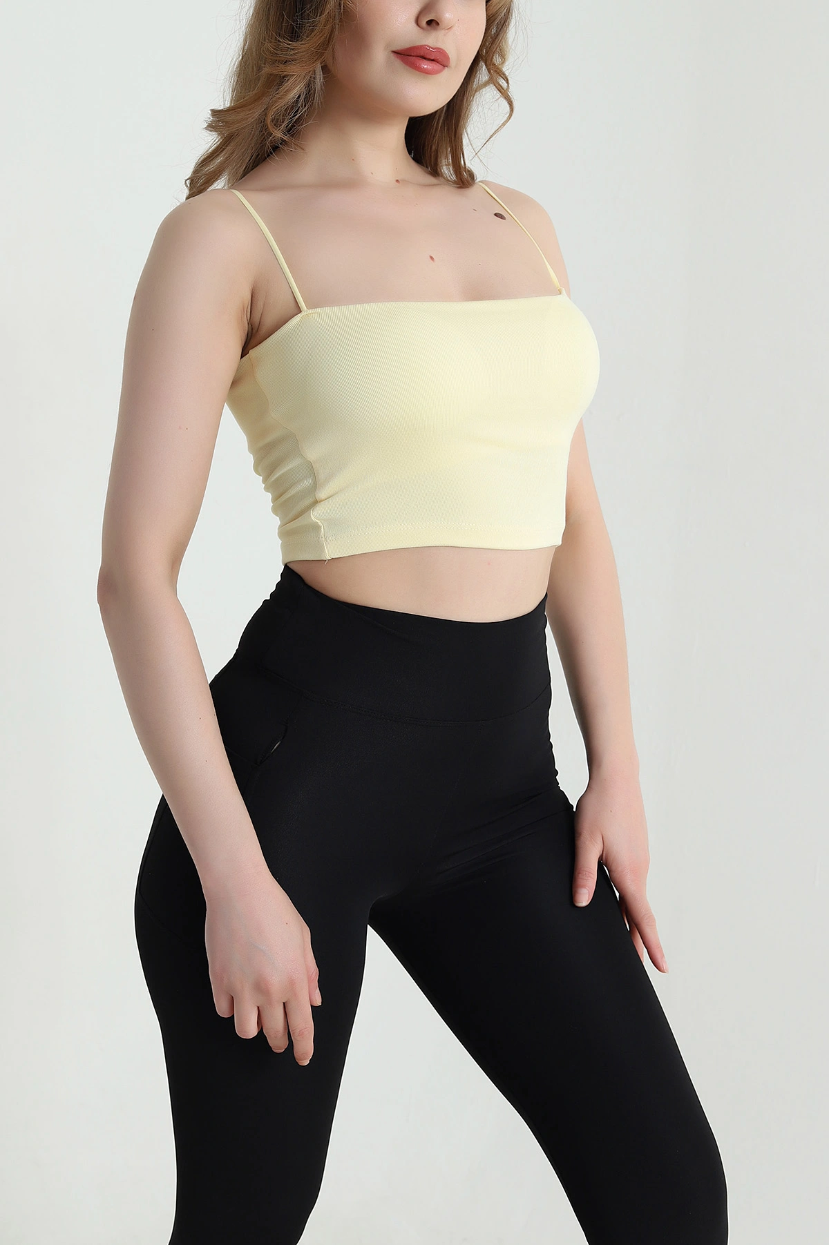 Sarı İp Askılı Destekli Modal Kadın Crop 465695